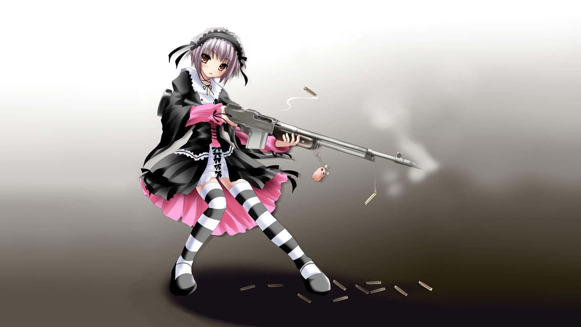 Yuki Nagato, black and pink maid outfit, rifle, Full HD Desktop Wallpaper