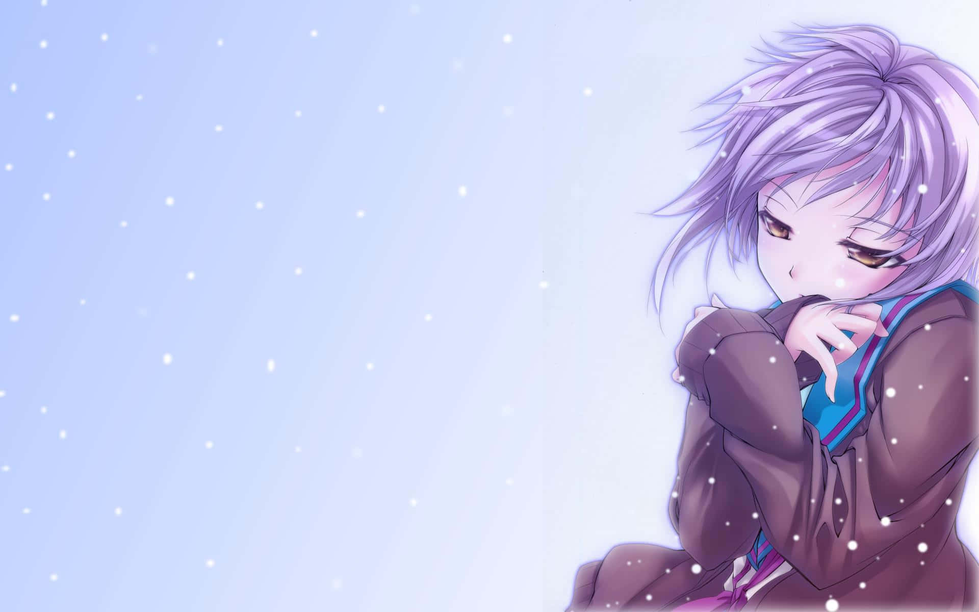Yuki Nagato, purple hair, snowy scene, Full HD Desktop Wallpaper