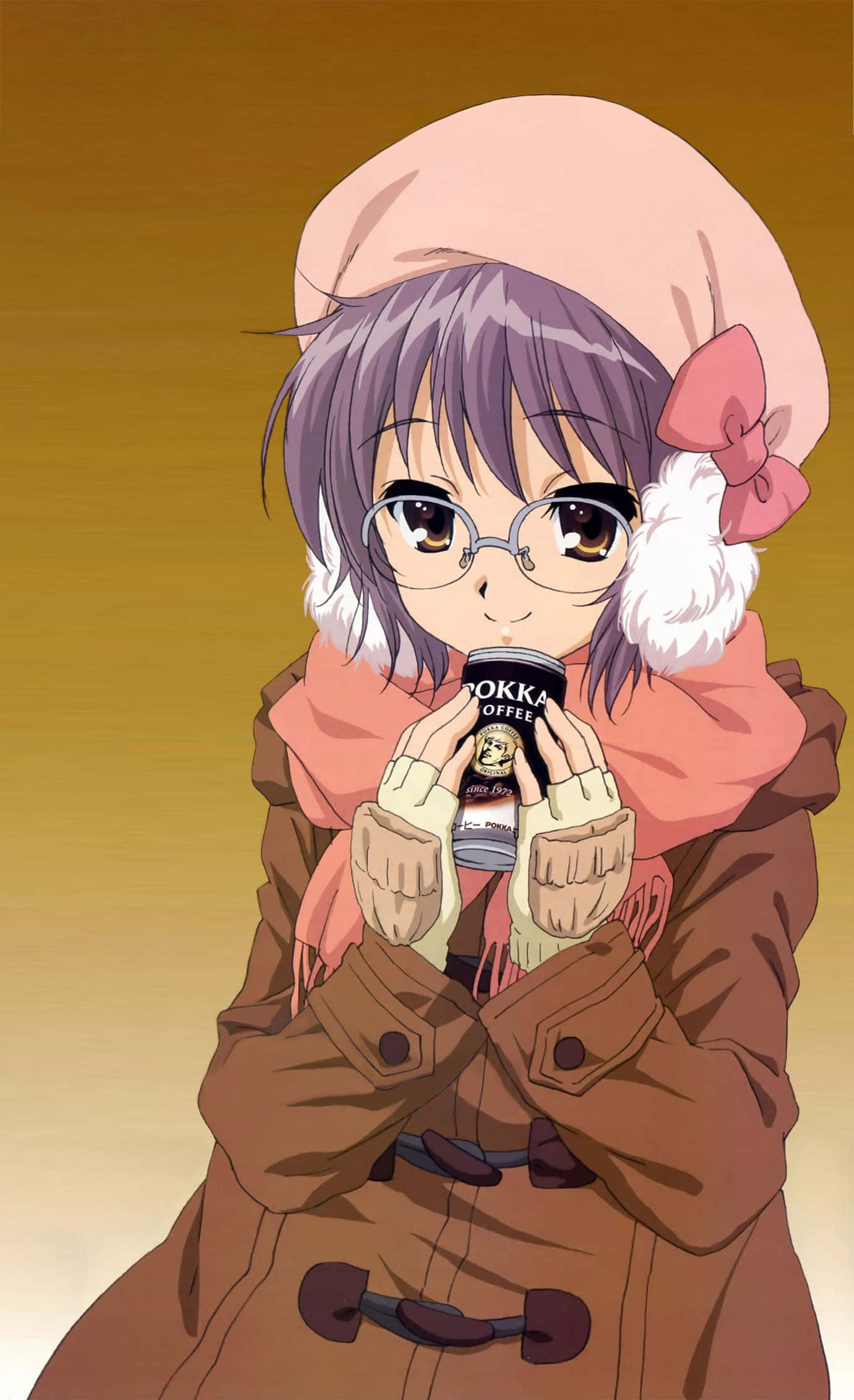 Yuki Nagato, pink beret, brown coat, Full HD Phone Wallpaper