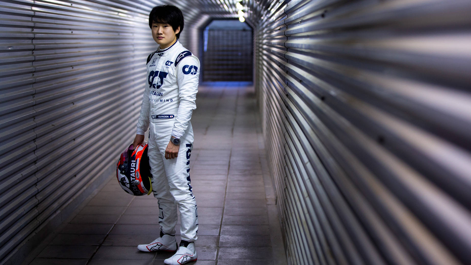 Yuki Tsunoda, white racing suit, metal tunnel, Full HD Desktop Wallpaper