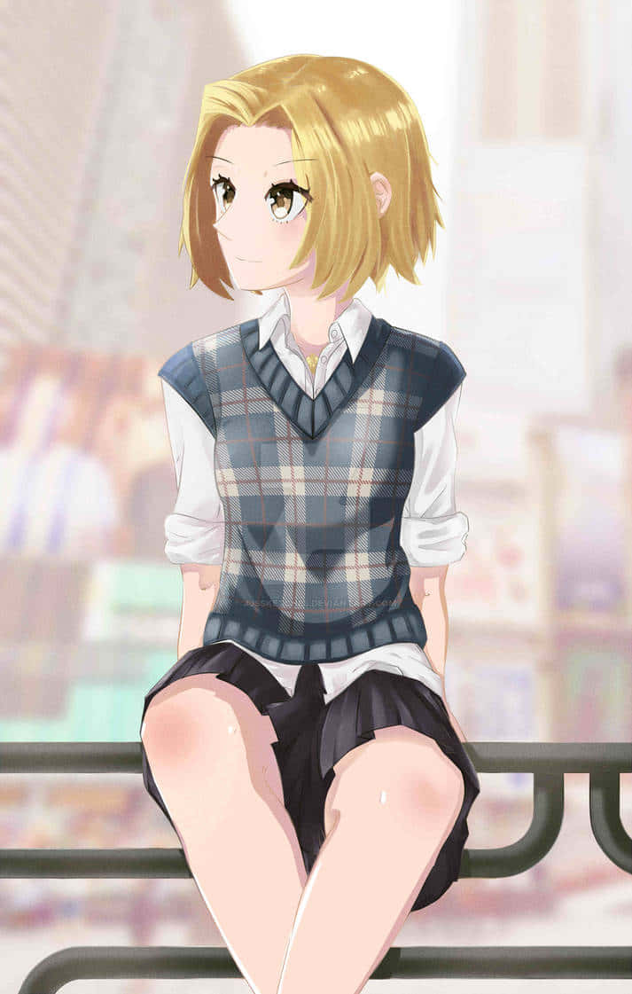 Yuki Yoshikawa, blonde anime girl, plaid vest, SD Phone Wallpaper