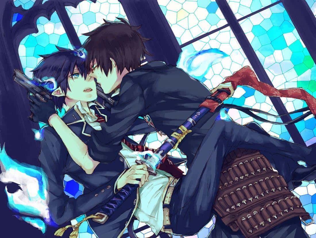 Yukio Okumura, dark uniforms, glowing blue stained glass window, SD Desktop Wallpaper