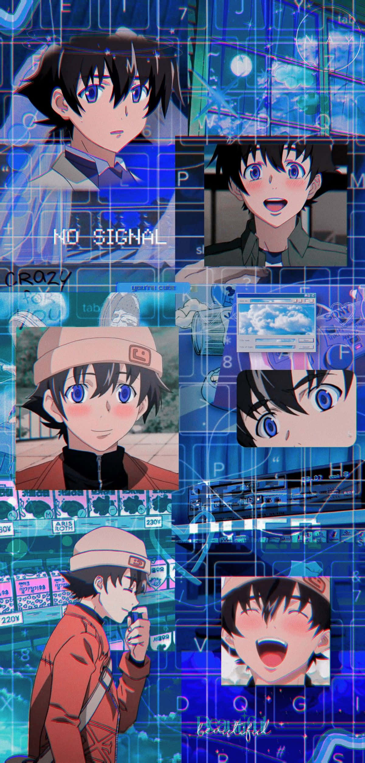 Yukiteru Amano, battle stance, blue digital grid background, Full HD Phone Wallpaper