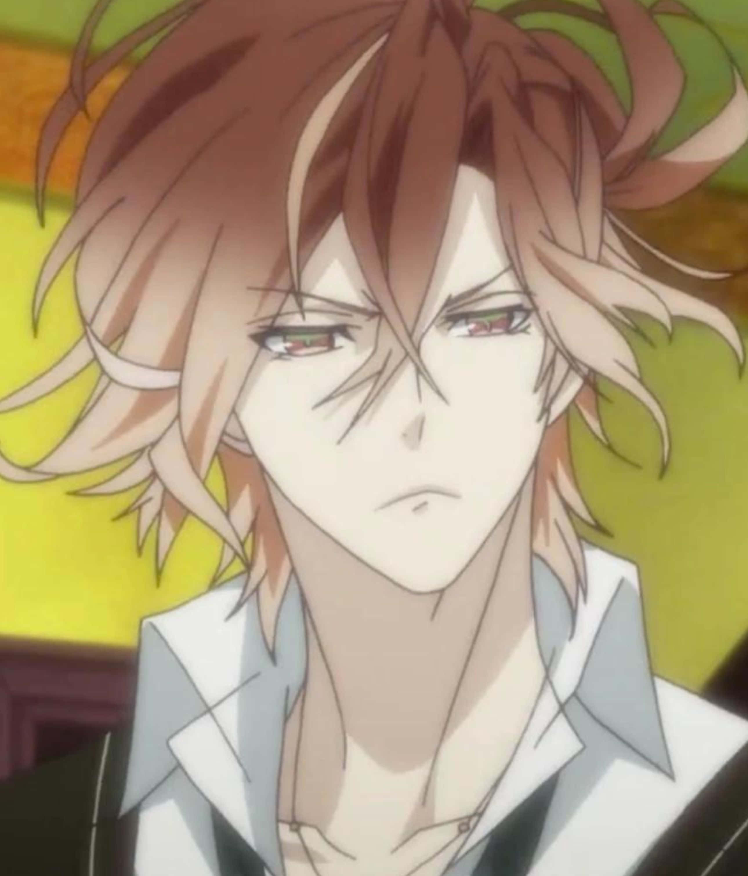 Yuma Mukami, messy brown hair, intense red eyes, 2K Phone Wallpaper