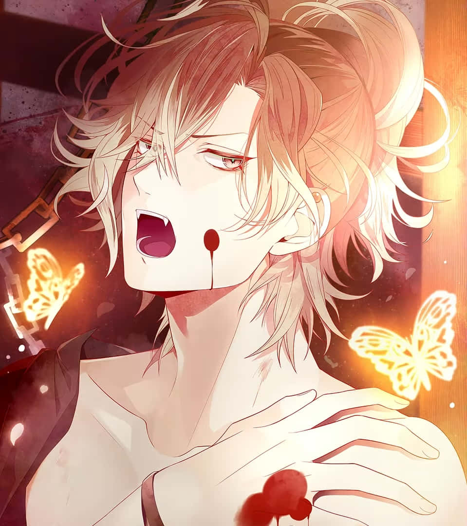 Yuma Mukami, glowing butterflies, bloodied mouth, SD Phone Wallpaper