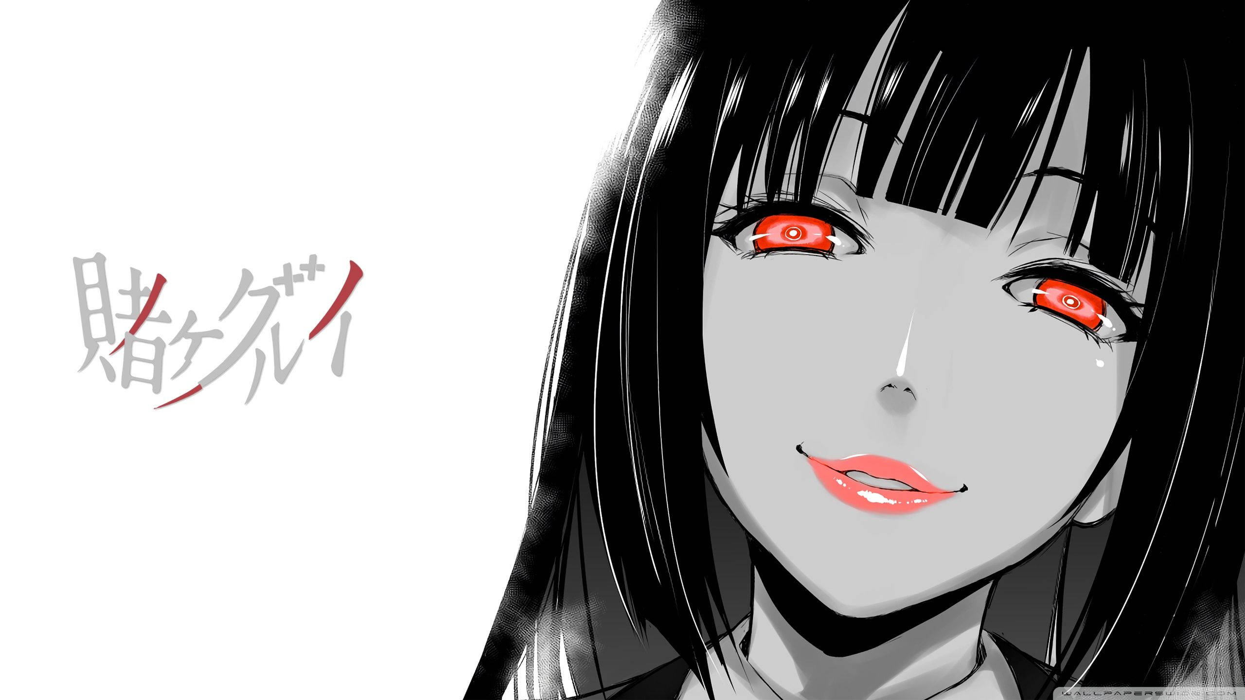 Yumeko Jabami, glowing red eyes, black hair, 2K Desktop Wallpaper