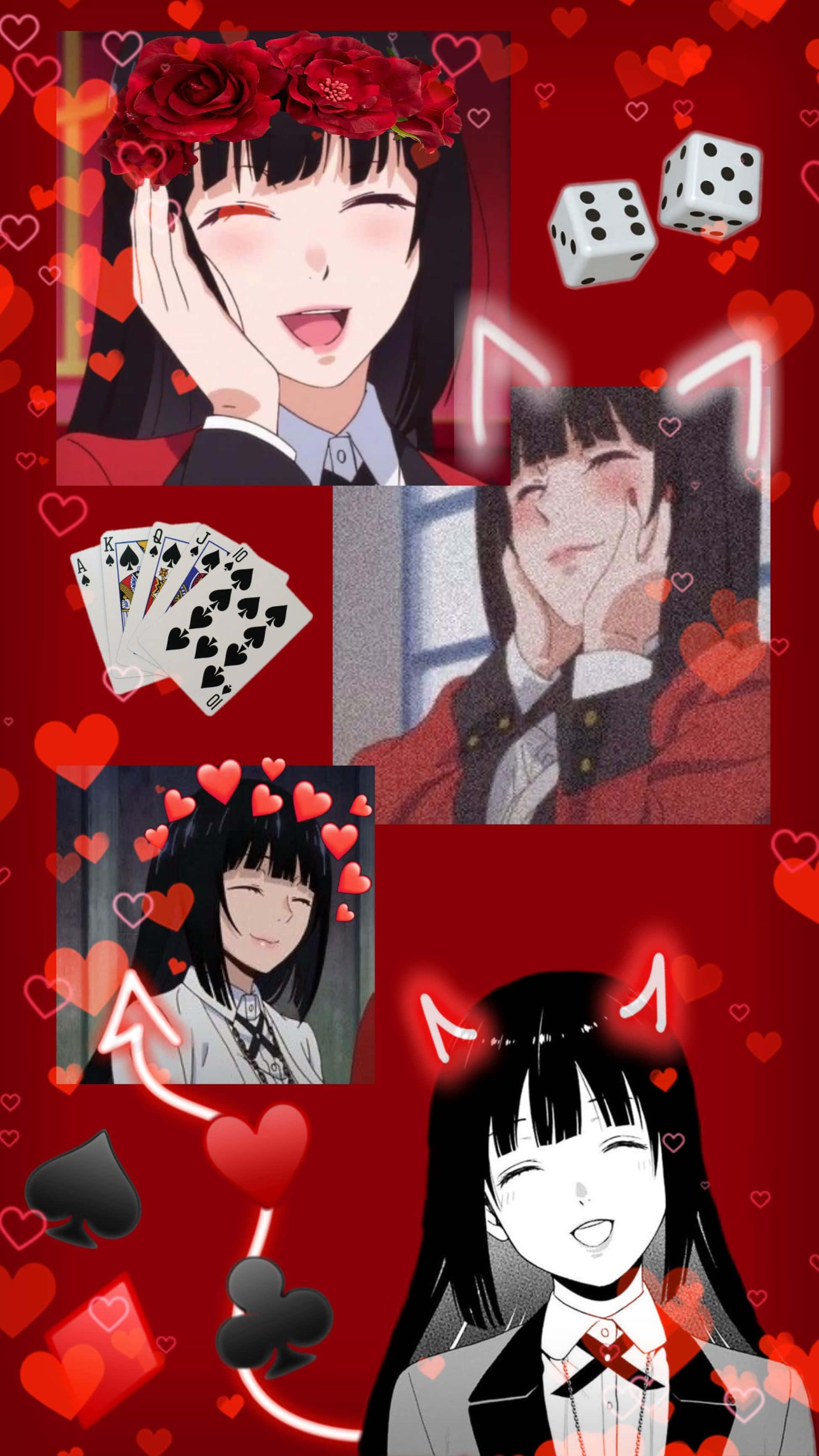 Yumeko Jabami, red rose crown, hearts, 2K Phone Wallpaper