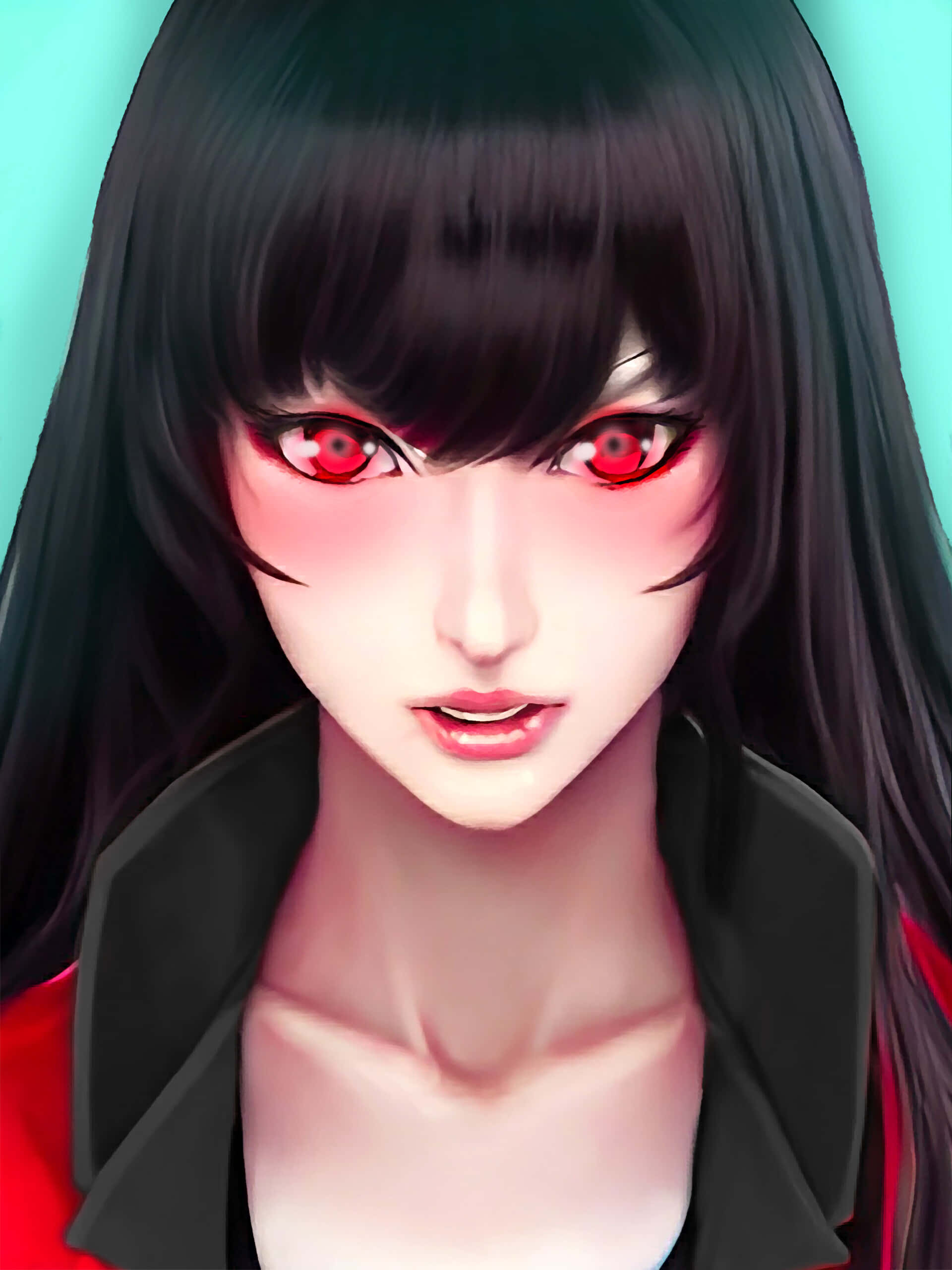 Yumeko Jabami, glowing red eyes, black hair, 2K Phone Wallpaper