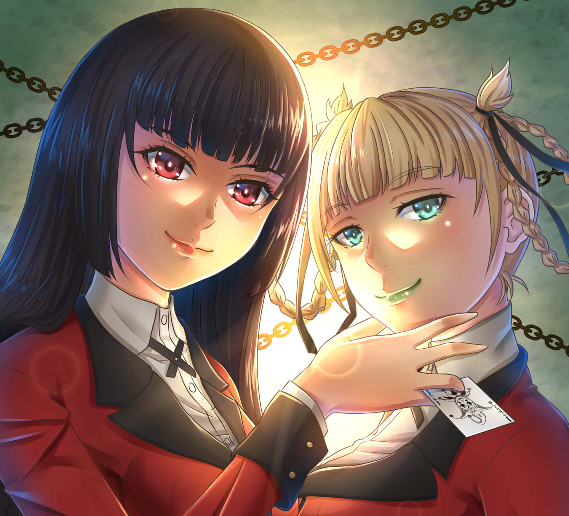 Yumeko Jabami, red uniforms, glowing chain backdrop, Full HD Desktop Wallpaper