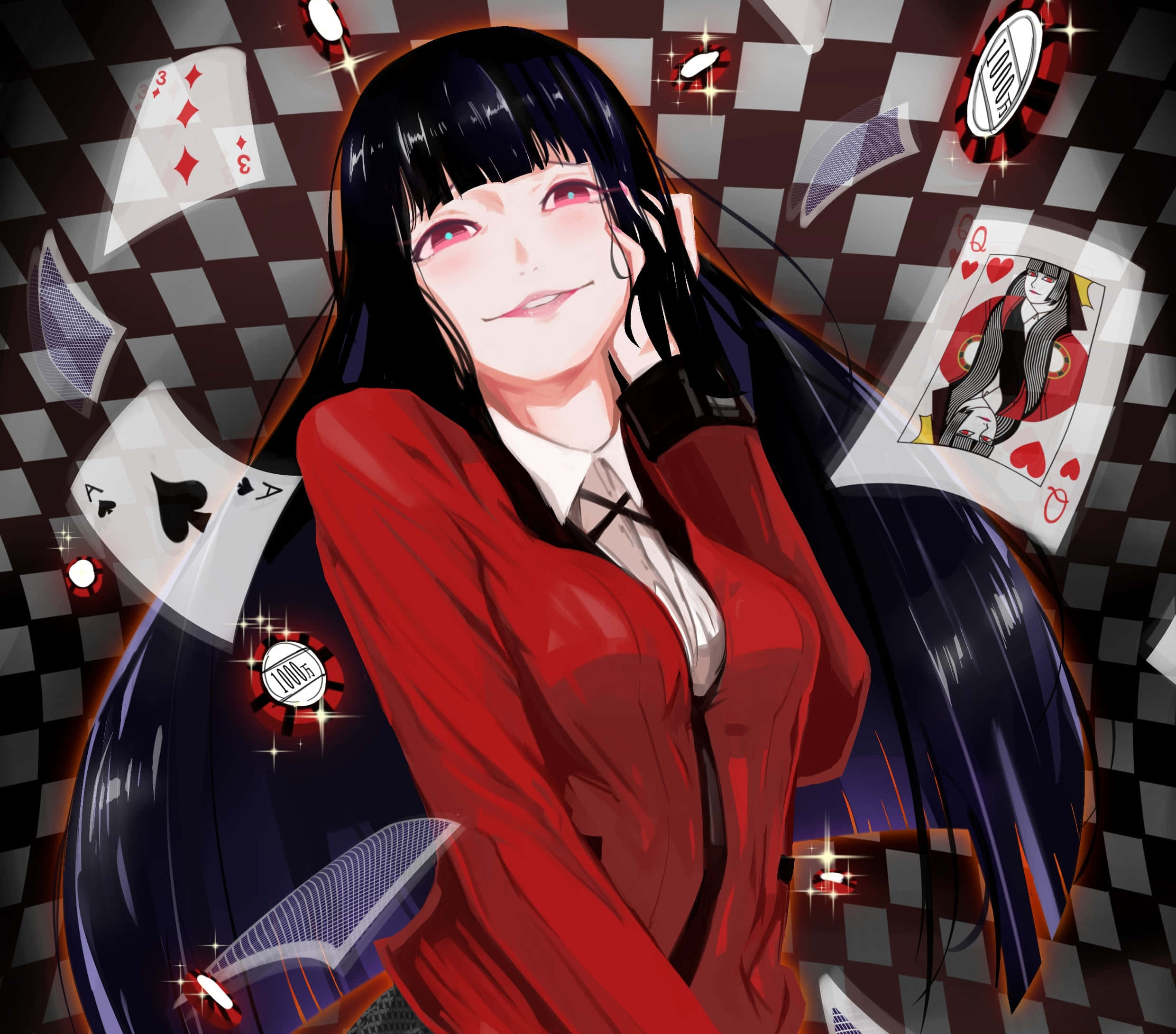 Yumeko, red blazer, checkered background, Full HD Desktop Wallpaper