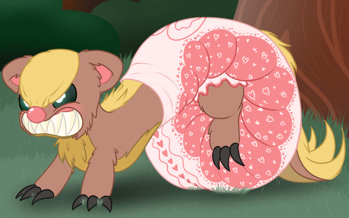 Yungoos, pink heart-patterned donut costume, grassy forest, SD Desktop Wallpaper