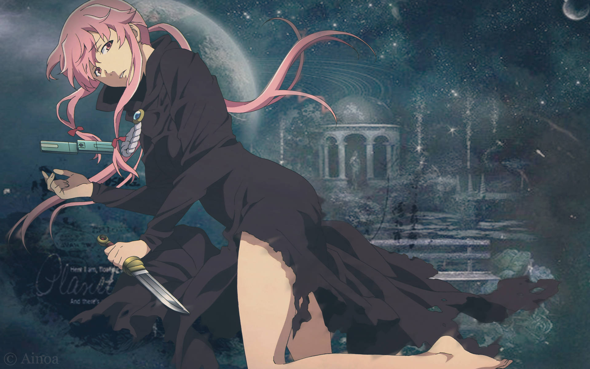 Yuno Gasai, black dress, pink-haired anime girl, Full HD Desktop Wallpaper