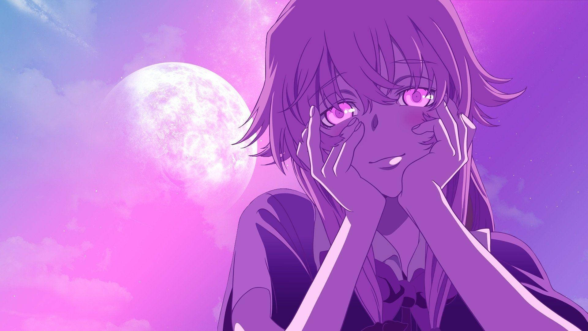 Yuno Gasai, purple moon, purple-haired, Full HD Desktop Wallpaper