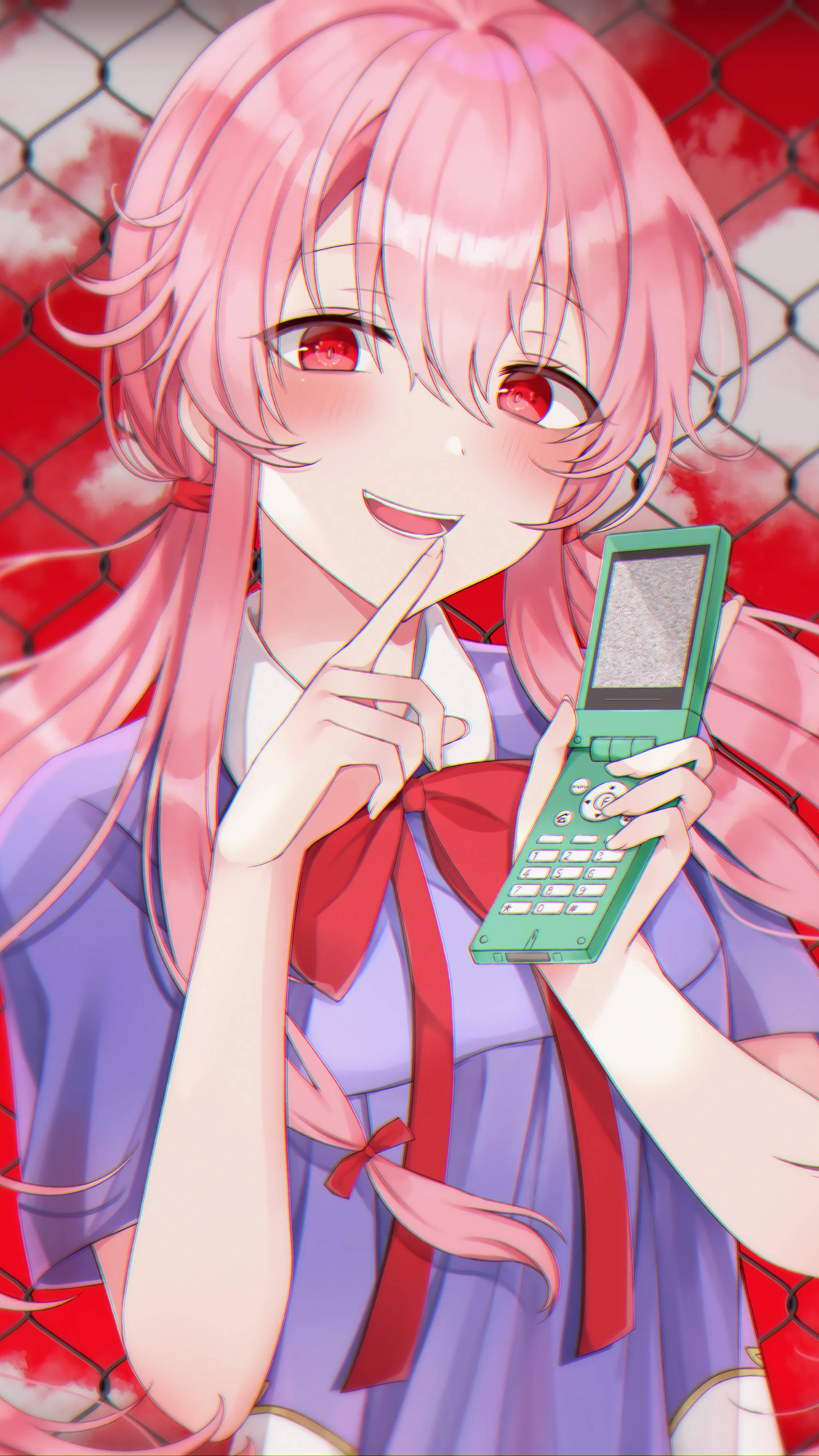 Yuno Gasai, pink cellphone, green flip phone, 4K Phone Wallpaper
