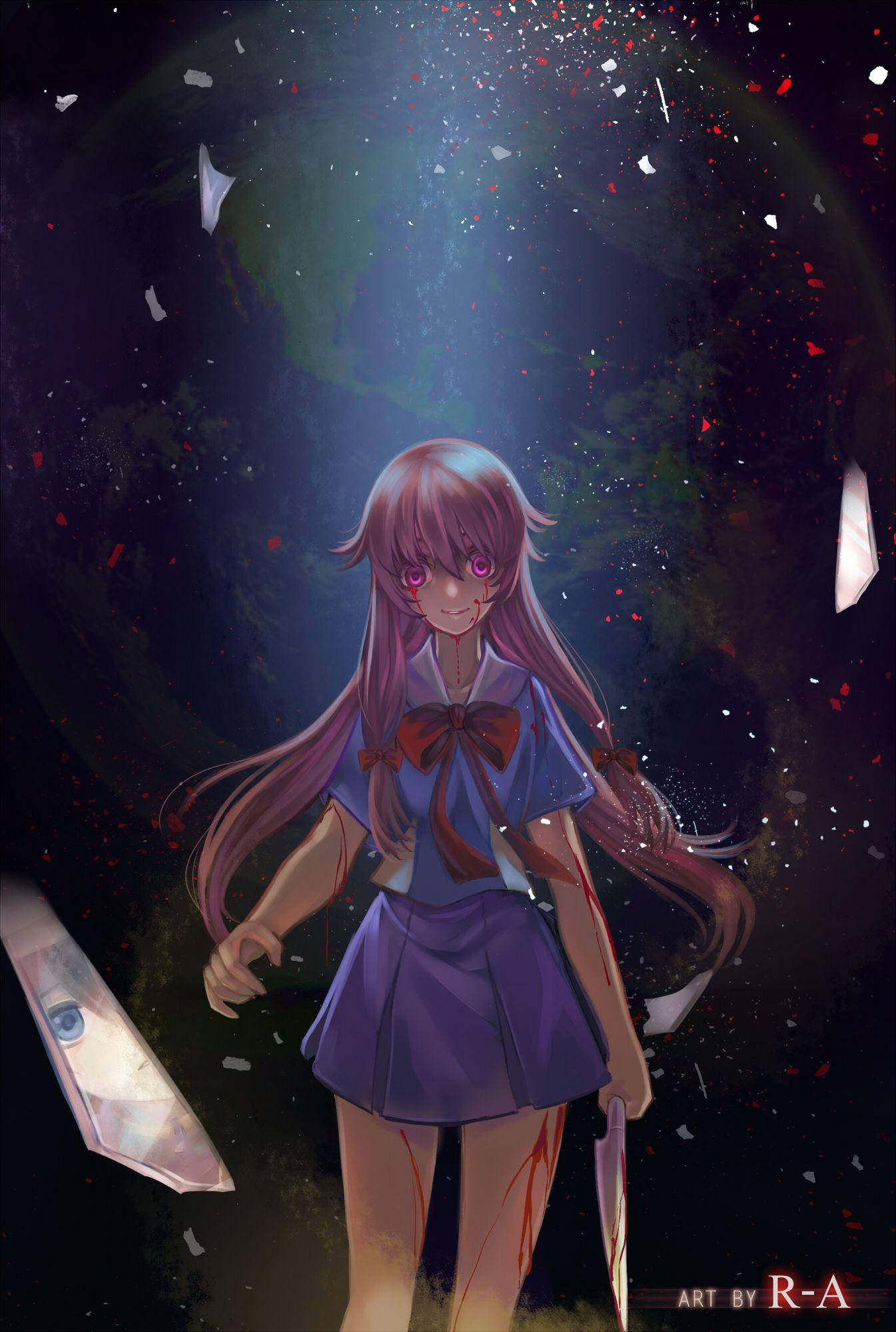 Yuno Gasai, school uniform, shattered glass, Full HD Phone Wallpaper
