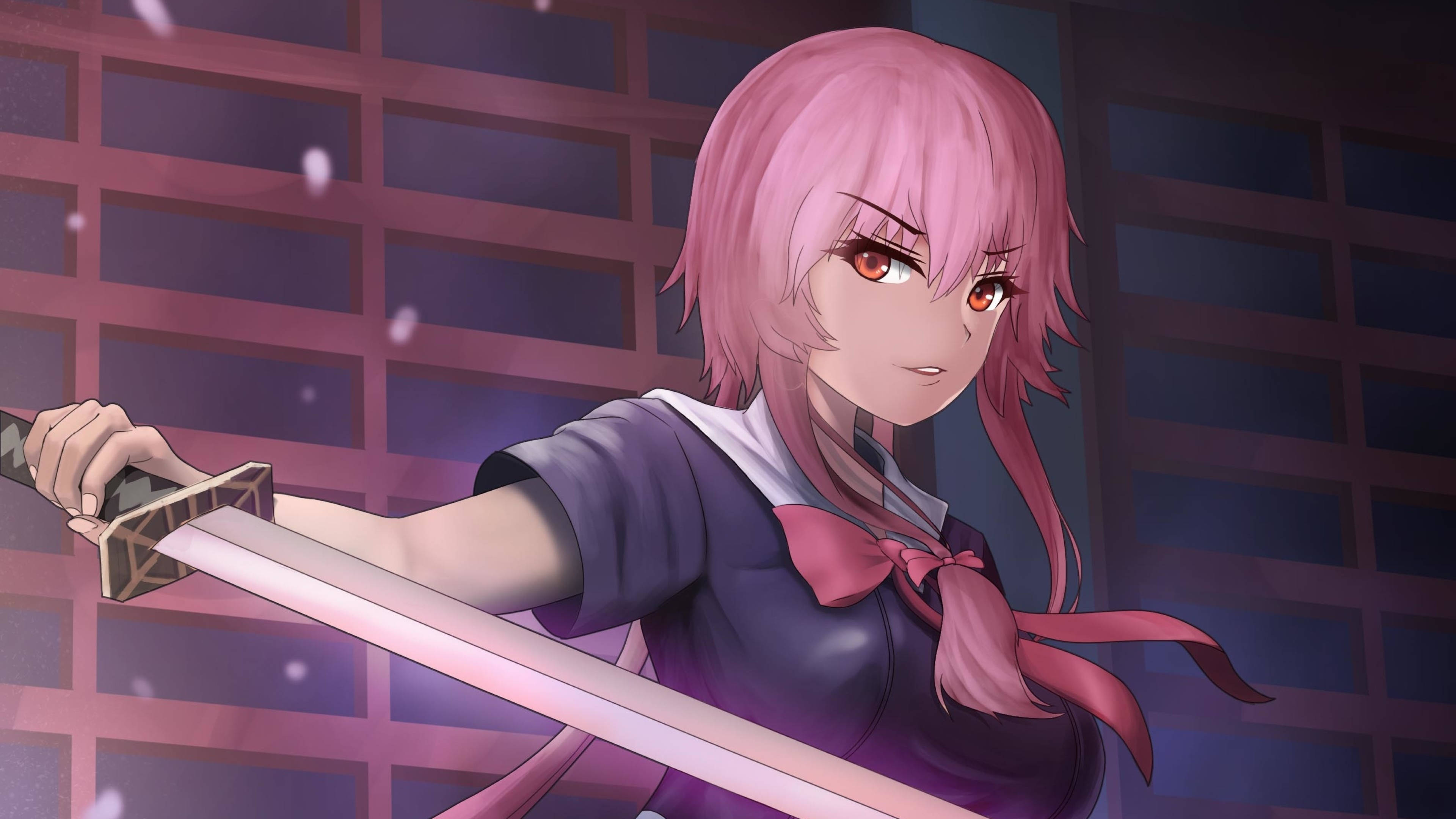 Yuno Gasai, katana, pink-haired, 4K Desktop Wallpaper