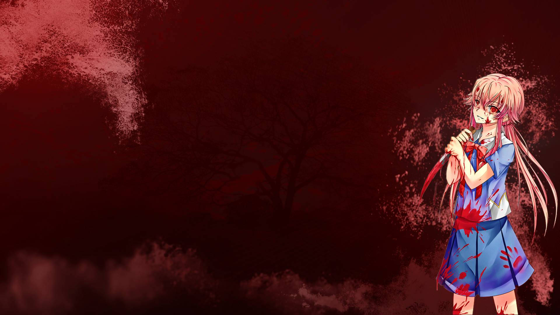 Yuno Gasai, pink-haired anime girl, blood-splattered blue school uniform, Full HD Desktop Wallpaper
