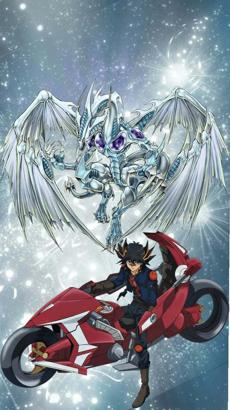Yusei Fudo, red motorcycle, silver dragon, HD Phone Wallpaper