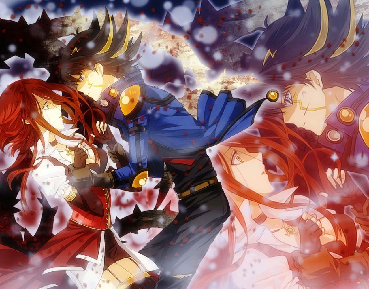 Yusei Fudo, duel, red and blue energy bursts, HD Desktop Wallpaper