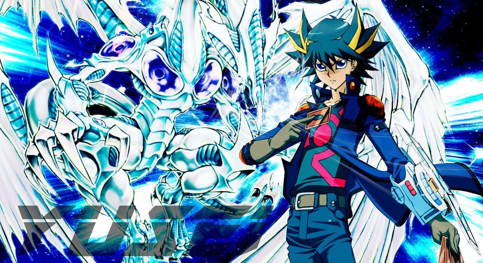 Yusei Fudo, duel disk, glowing white dragon, Full HD Desktop Wallpaper