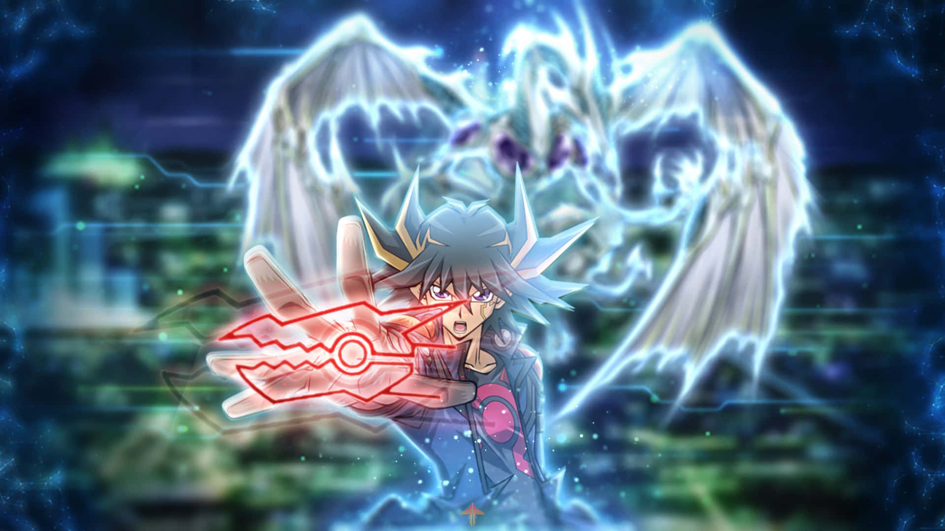 Yusei Fudo, spiky hair, glowing red energy, Full HD Desktop Wallpaper