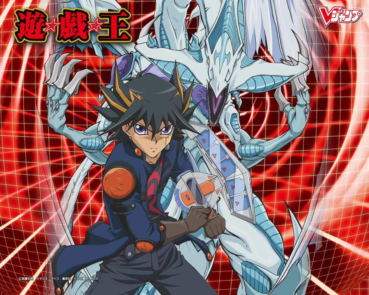 Yusei Fudo, duel disk, blue dragon-like monster, HD Desktop Wallpaper