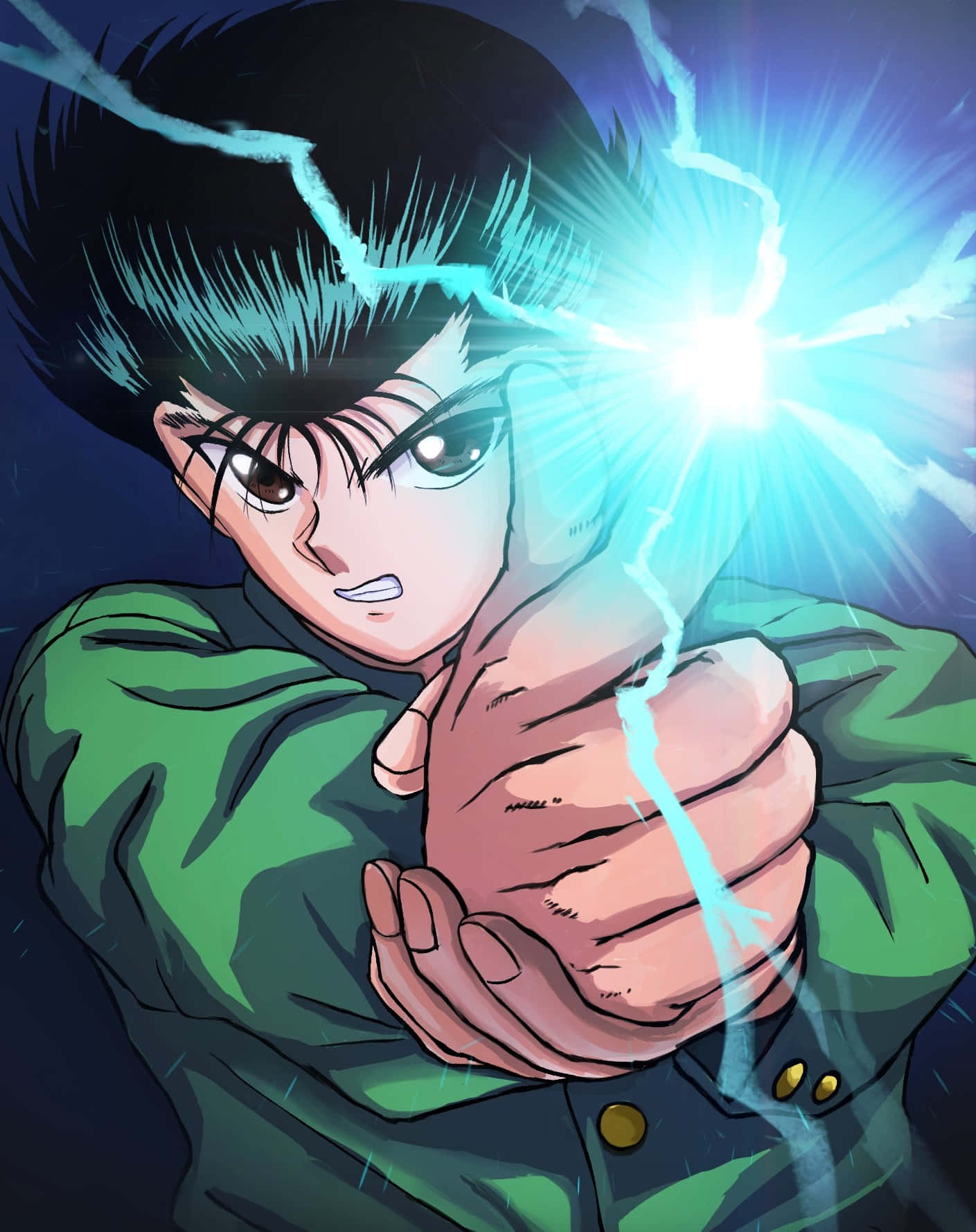 Yusuke Urameshi, green jacket, bright blue lightning, HD Phone Wallpaper