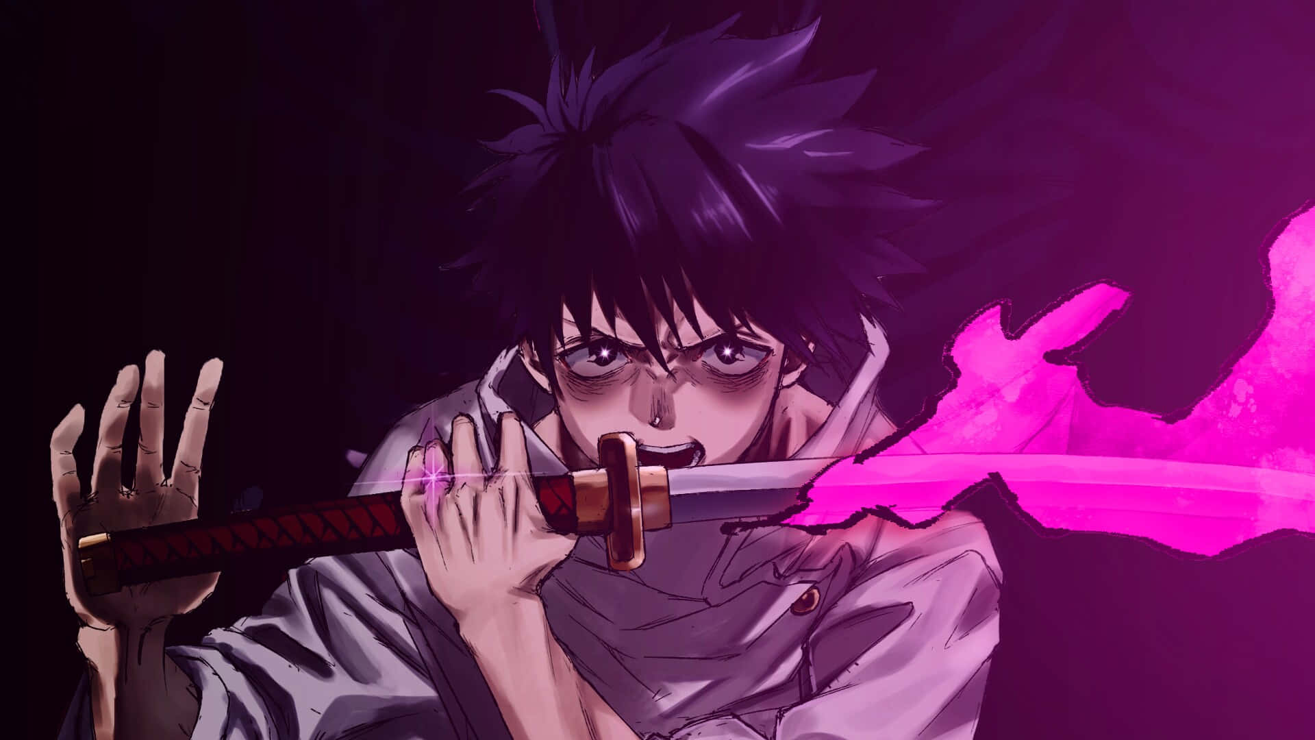 Yuta Okkotsu, glowing pink sword, dark purple backdrop, Full HD Desktop Wallpaper