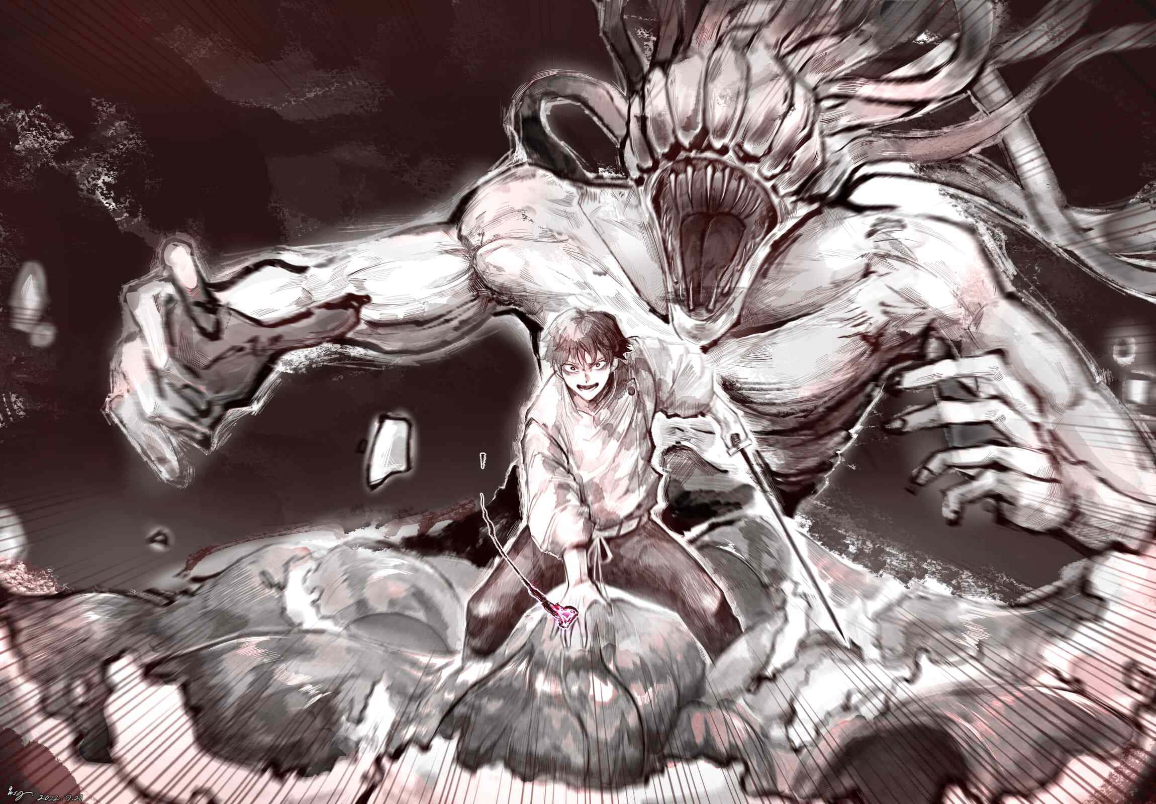 Yuta Okkotsu, torn robe, colossal titan, Full HD Desktop Wallpaper