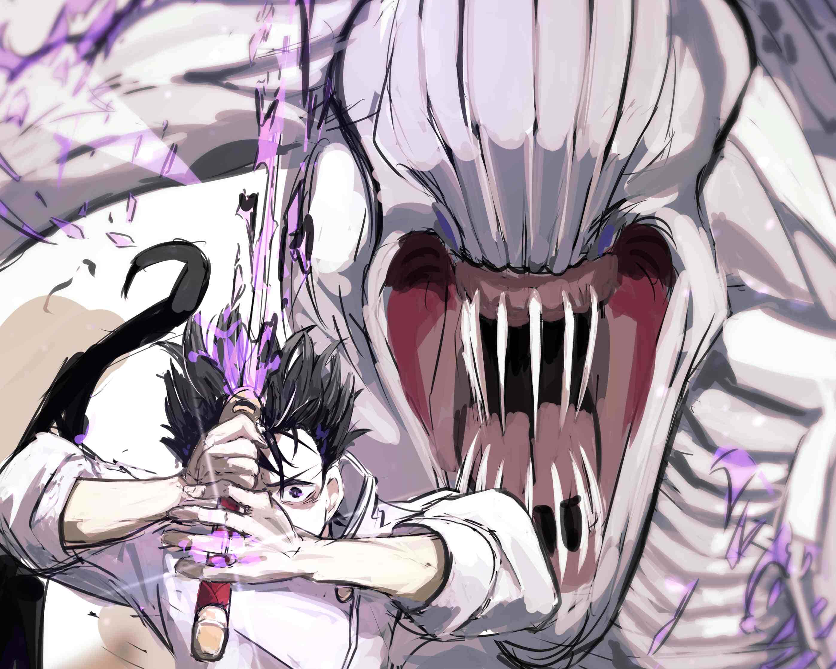 Yuta Okkotsu, glowing purple sword, massive white monster, 2K Desktop Wallpaper