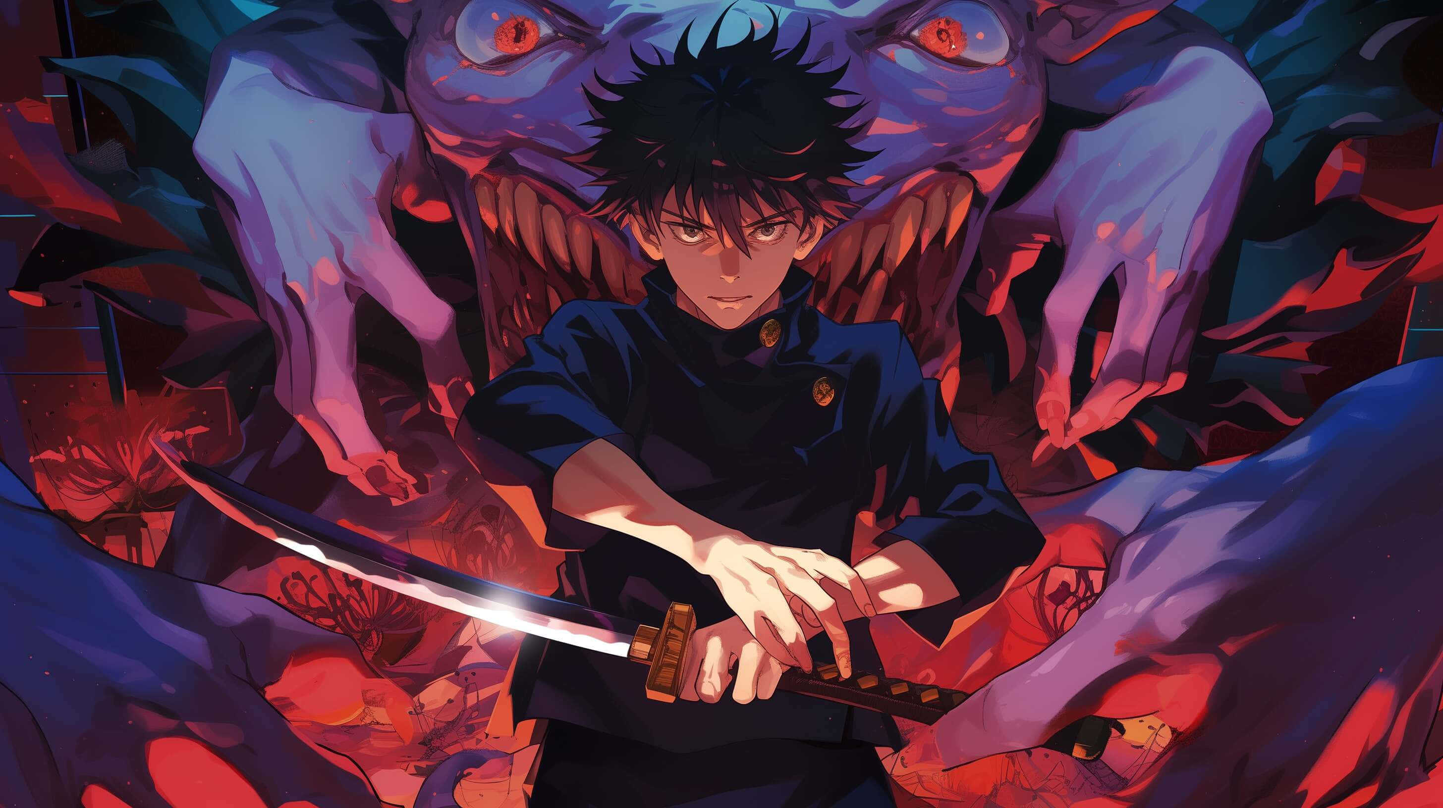 Yuta Okkotsu, glowing sword, monstrous purple demon, 2K Desktop Wallpaper