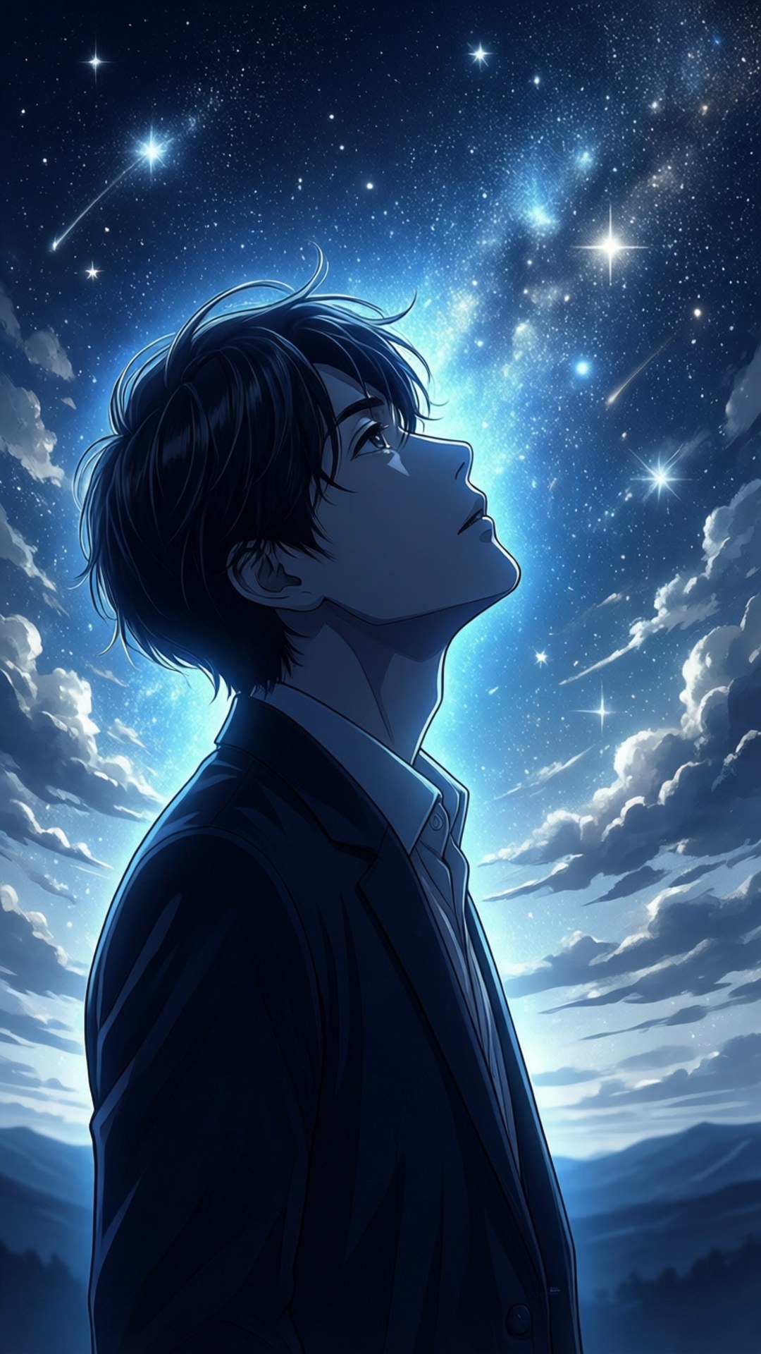 Yuuichi Katagiri, silhouette, starry sky, Full HD Phone Wallpaper