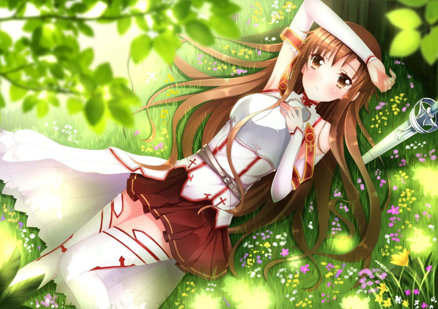 Yuuki Asuna, white and red armor, sunlit grass, HD Desktop Wallpaper