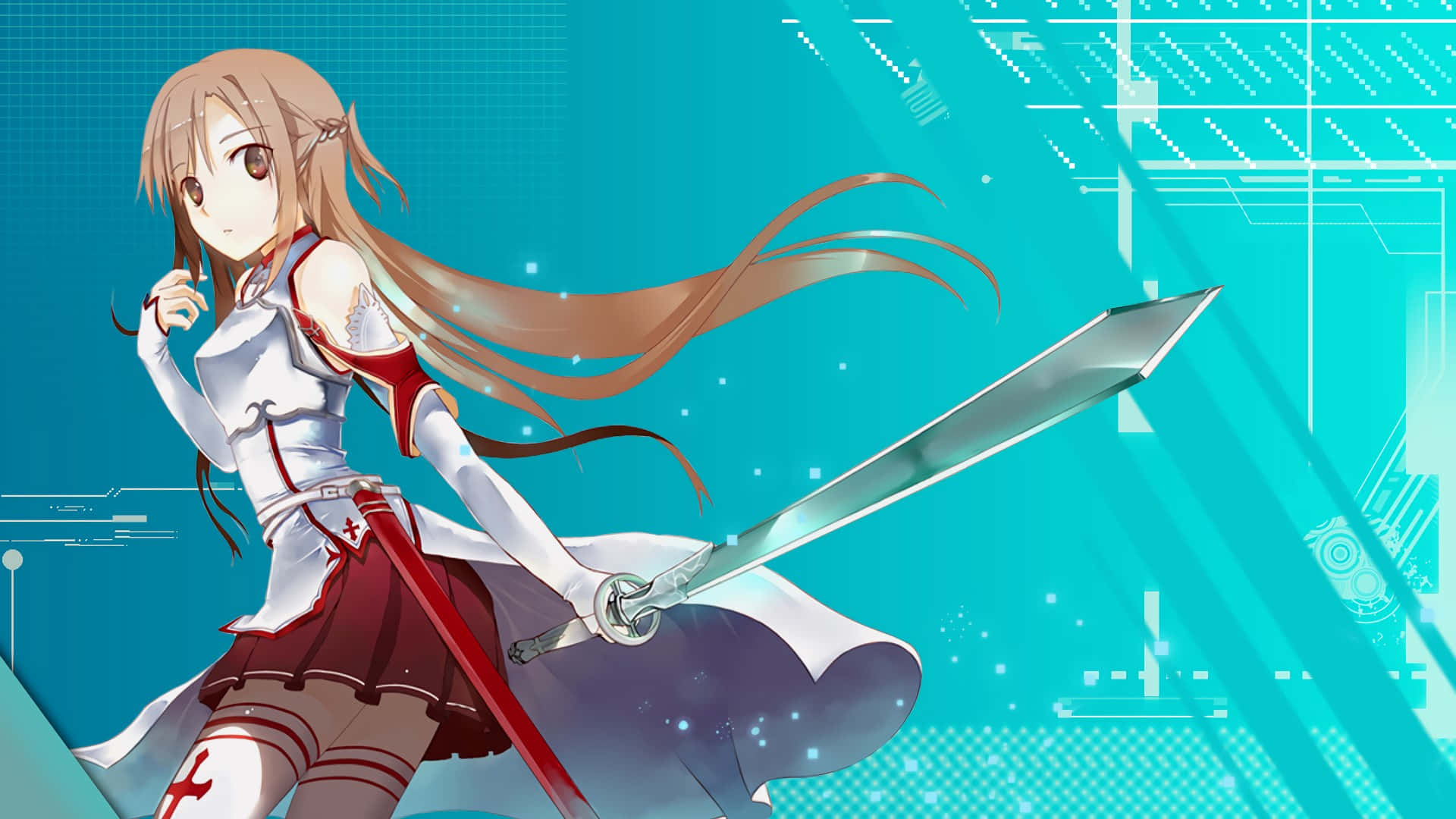 Yuuki Asuna, long brown hair, glowing sword, Full HD Desktop Wallpaper