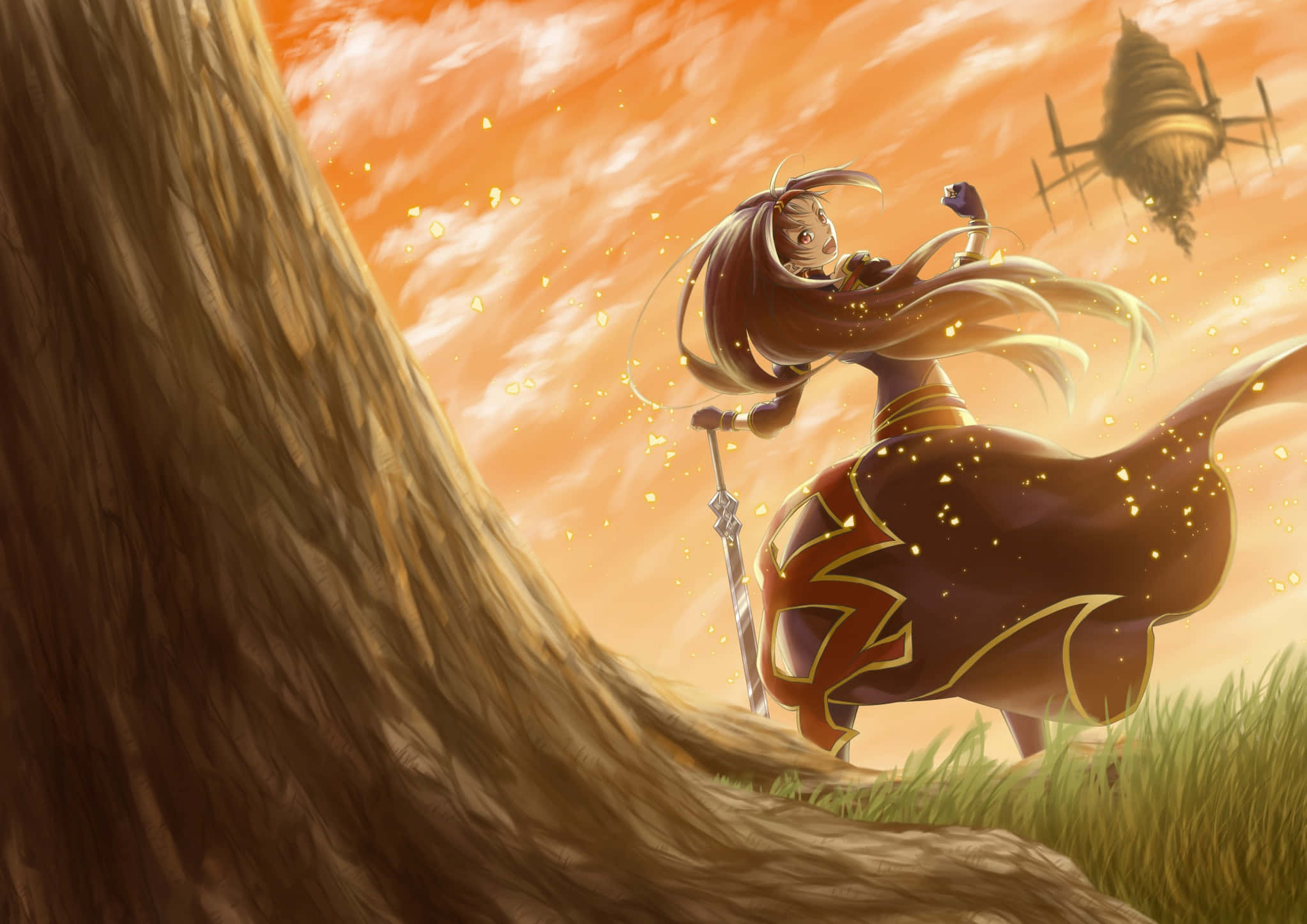 Yuuki Konno, cherry blossoms, giant tree trunk, Full HD Desktop Wallpaper