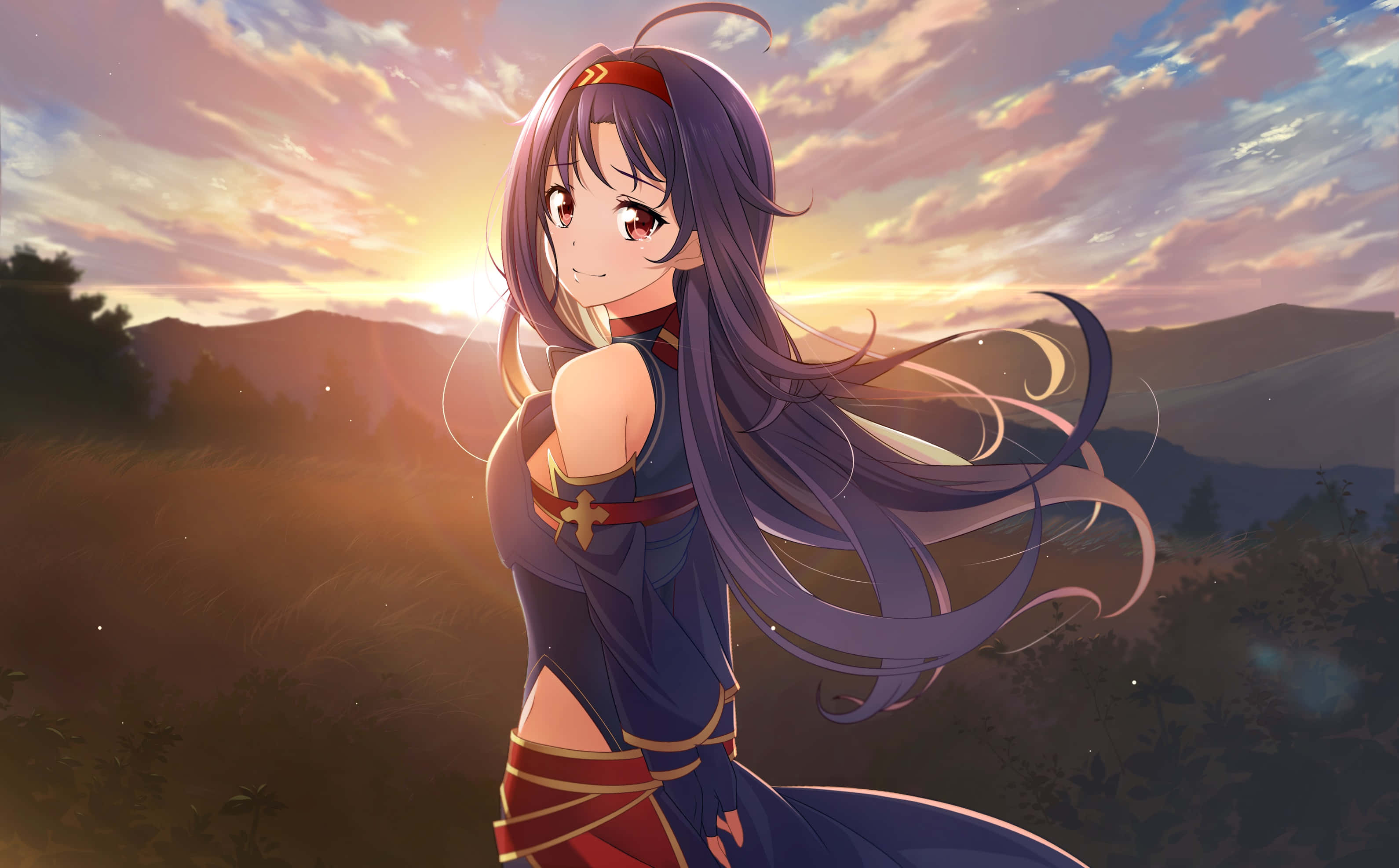 Yuuki Konno, long purple hair, field at sunset, 2K Desktop Wallpaper