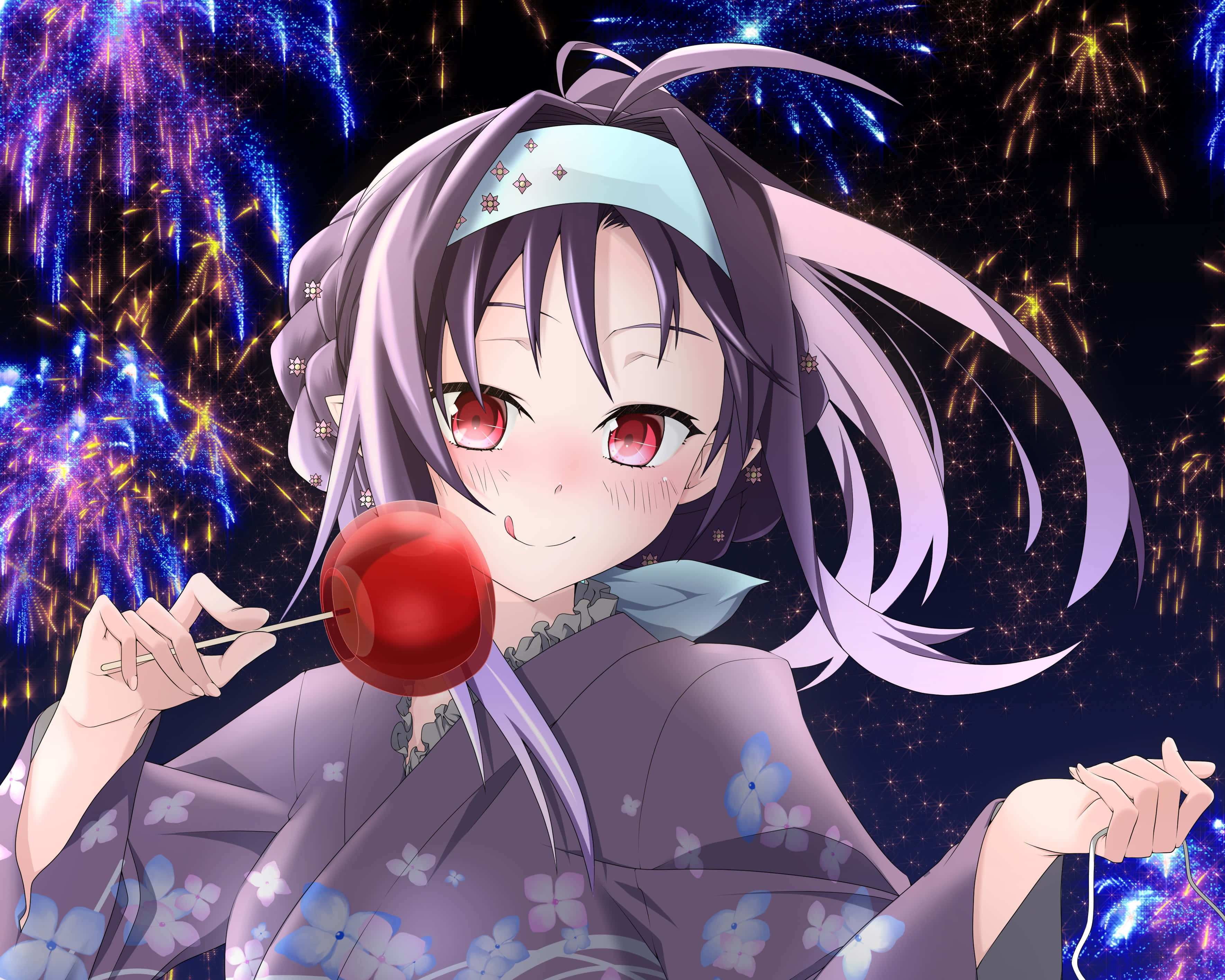 Yuuki Konno, floral kimono, red candied apple, 2K Desktop Wallpaper