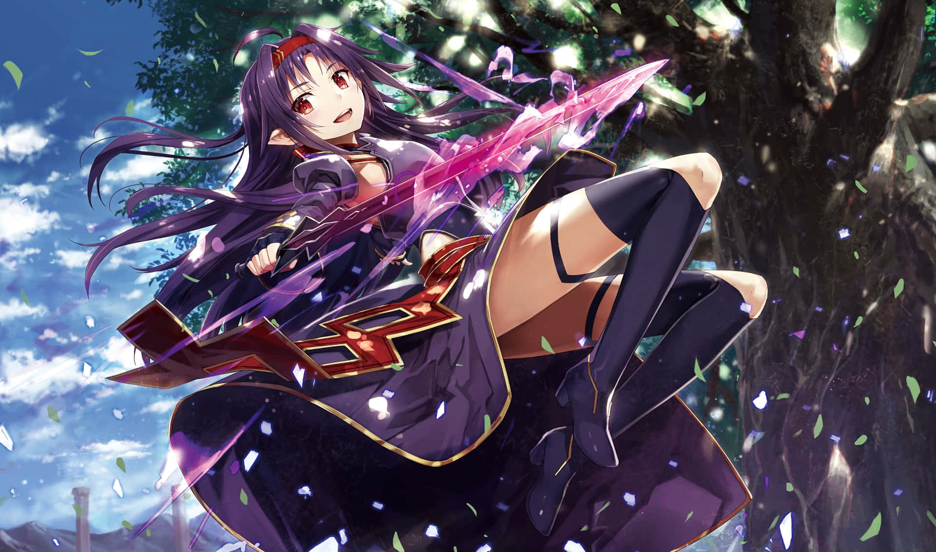 Yuuki Konno, purple-haired anime girl, glowing sword, Full HD Desktop Wallpaper