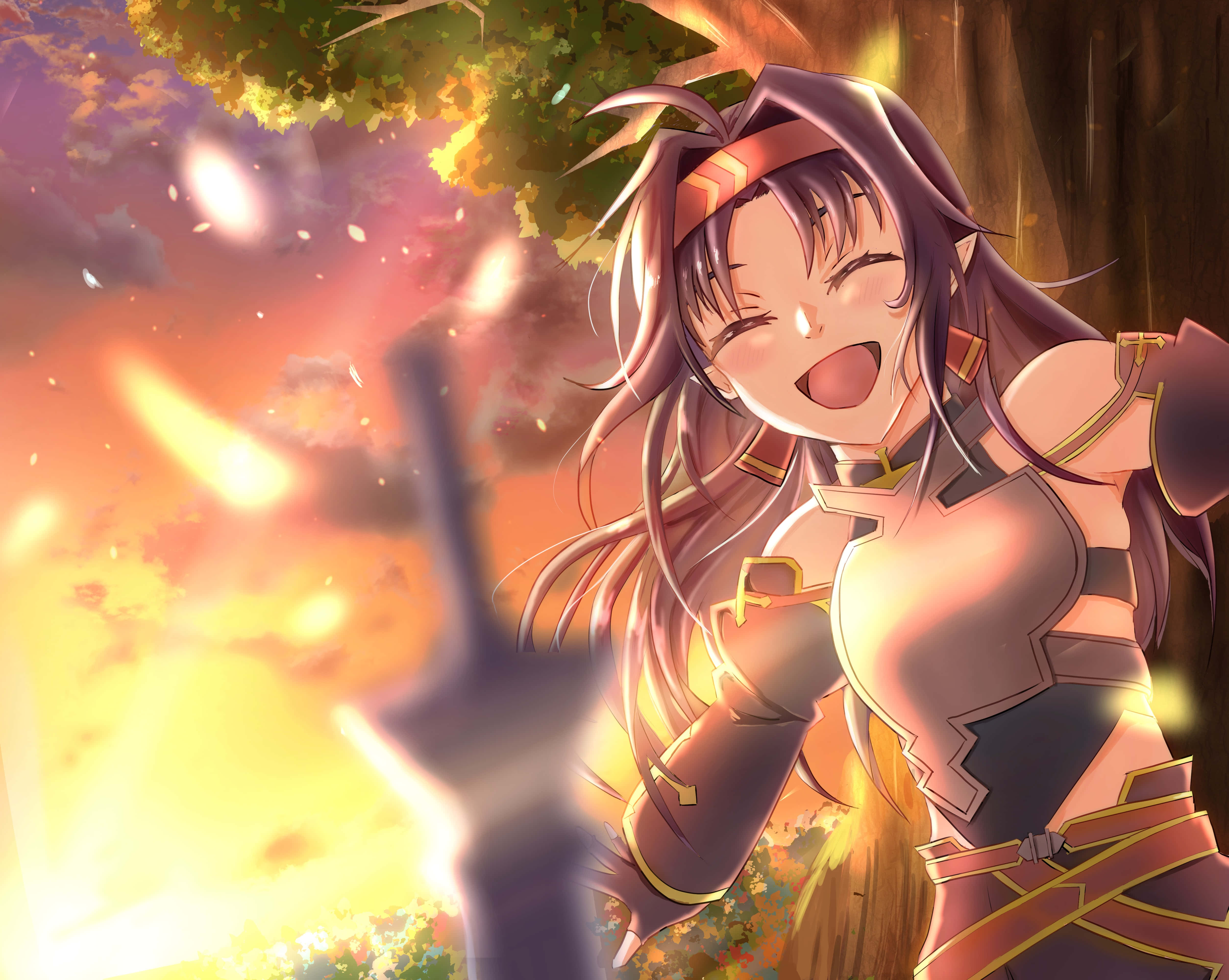 Yuuki Konno, purple hair, golden autumn sky, 4K Desktop Wallpaper