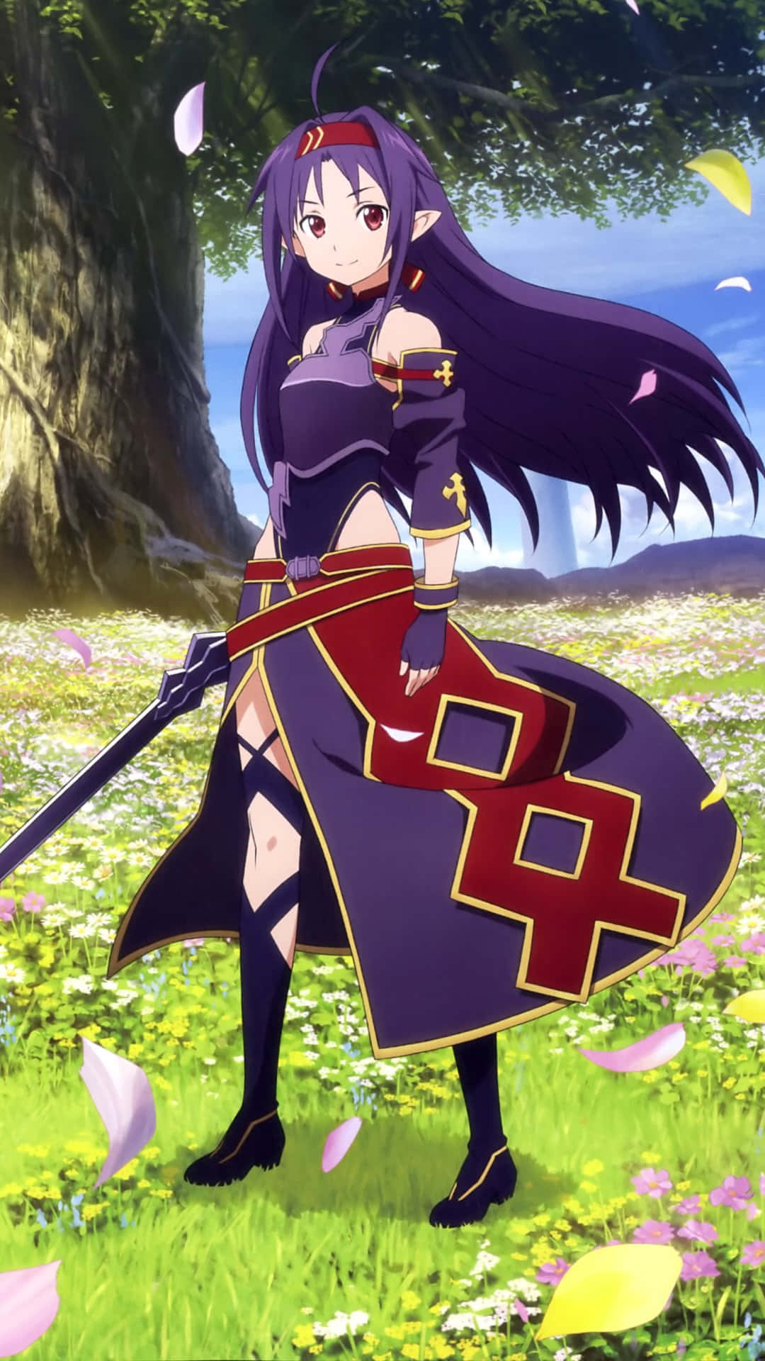 Yuuki Konno, purple-haired anime girl, dark purple and red outfit, Full HD Phone Wallpaper