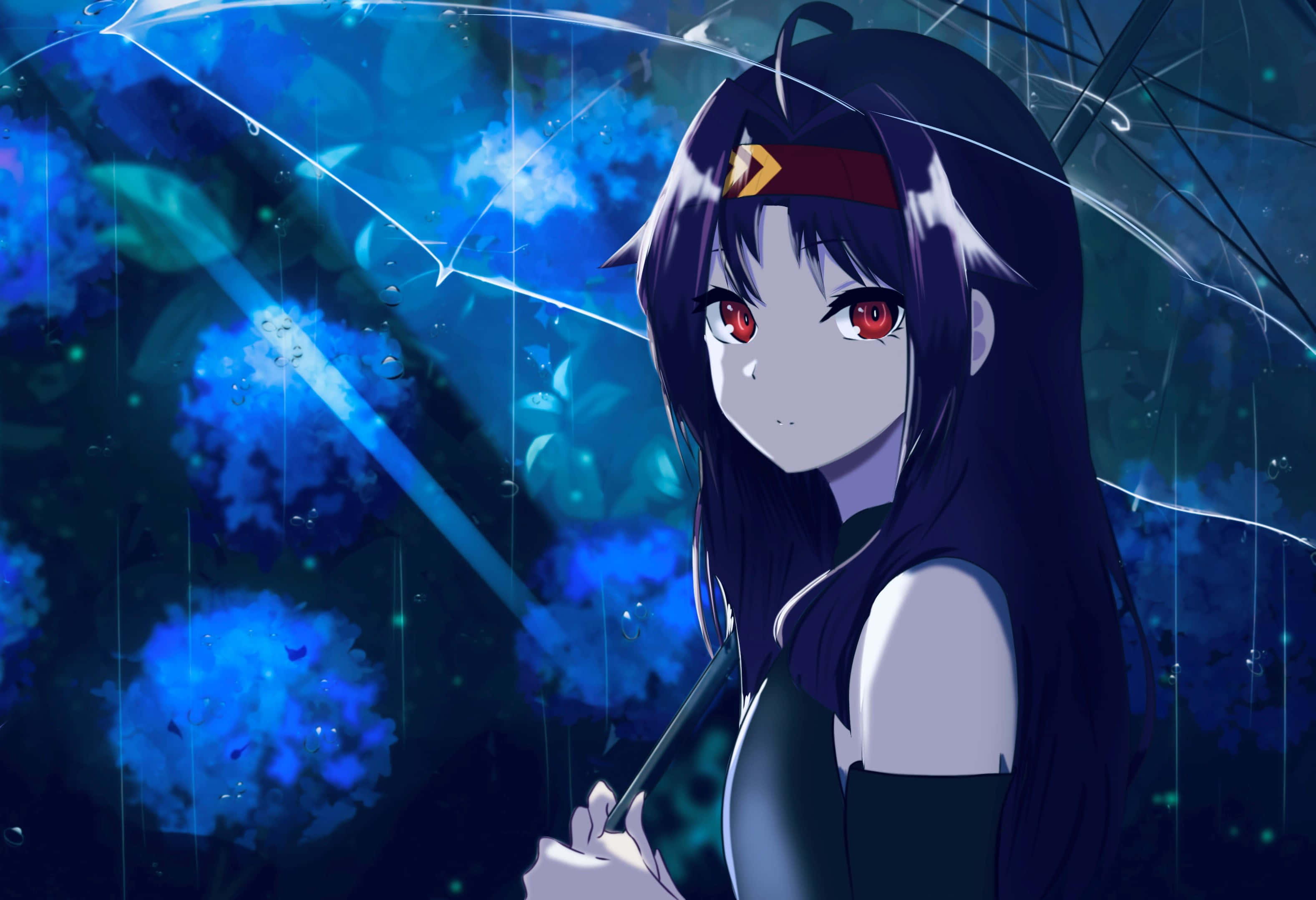 Yuuki Konno, dark-haired anime girl, red eyes, 2K Desktop Wallpaper