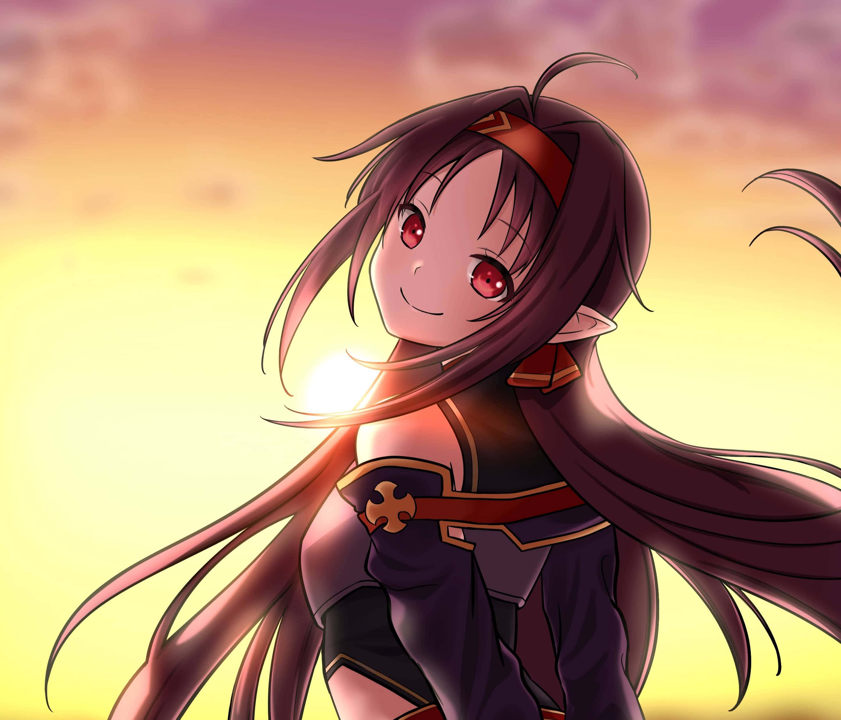 Yuuki Konno, long dark hair, red eyes, 2K Desktop Wallpaper