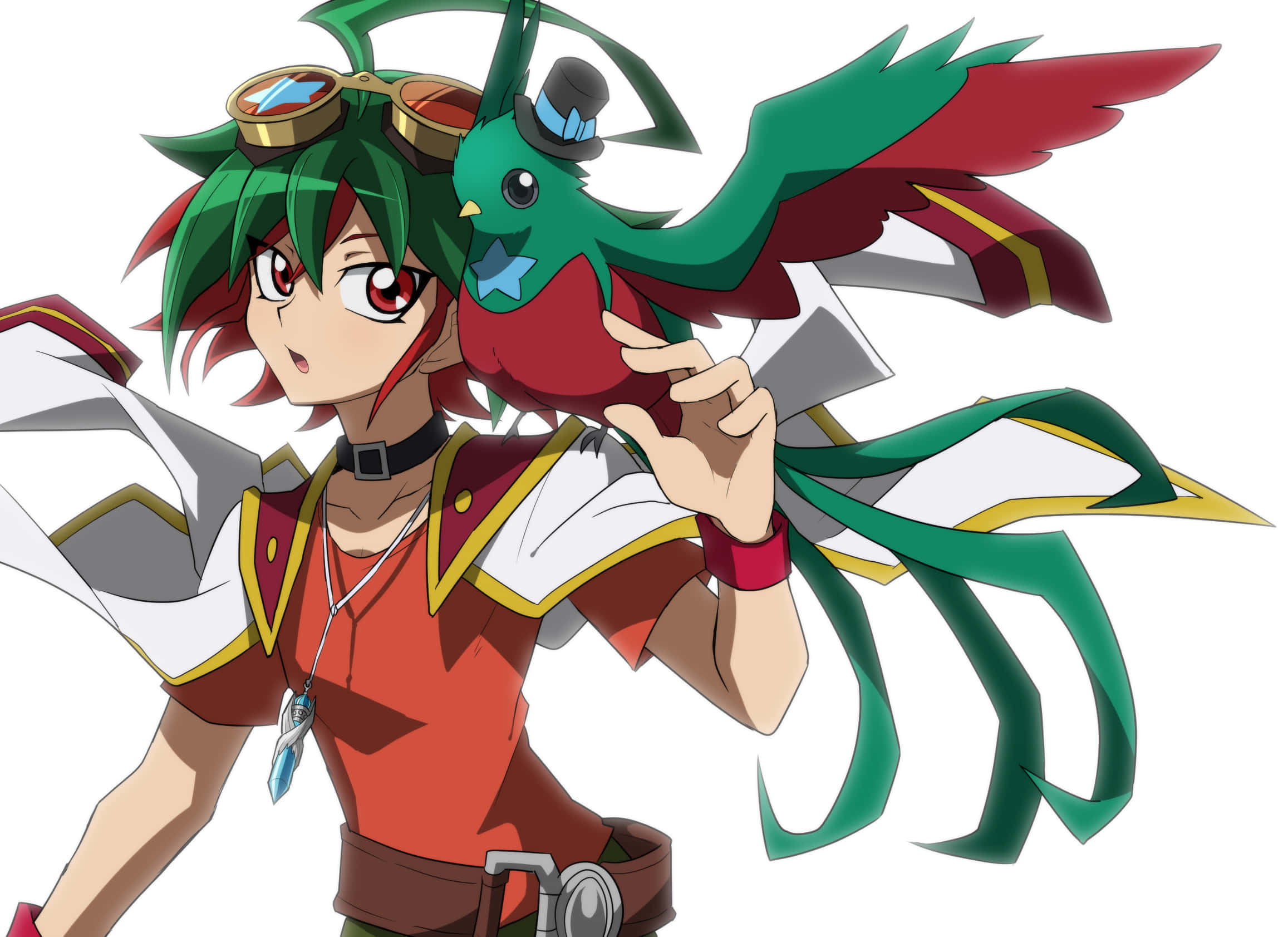 Yuya Sakaki, green hair, red eyes, Full HD Desktop Wallpaper