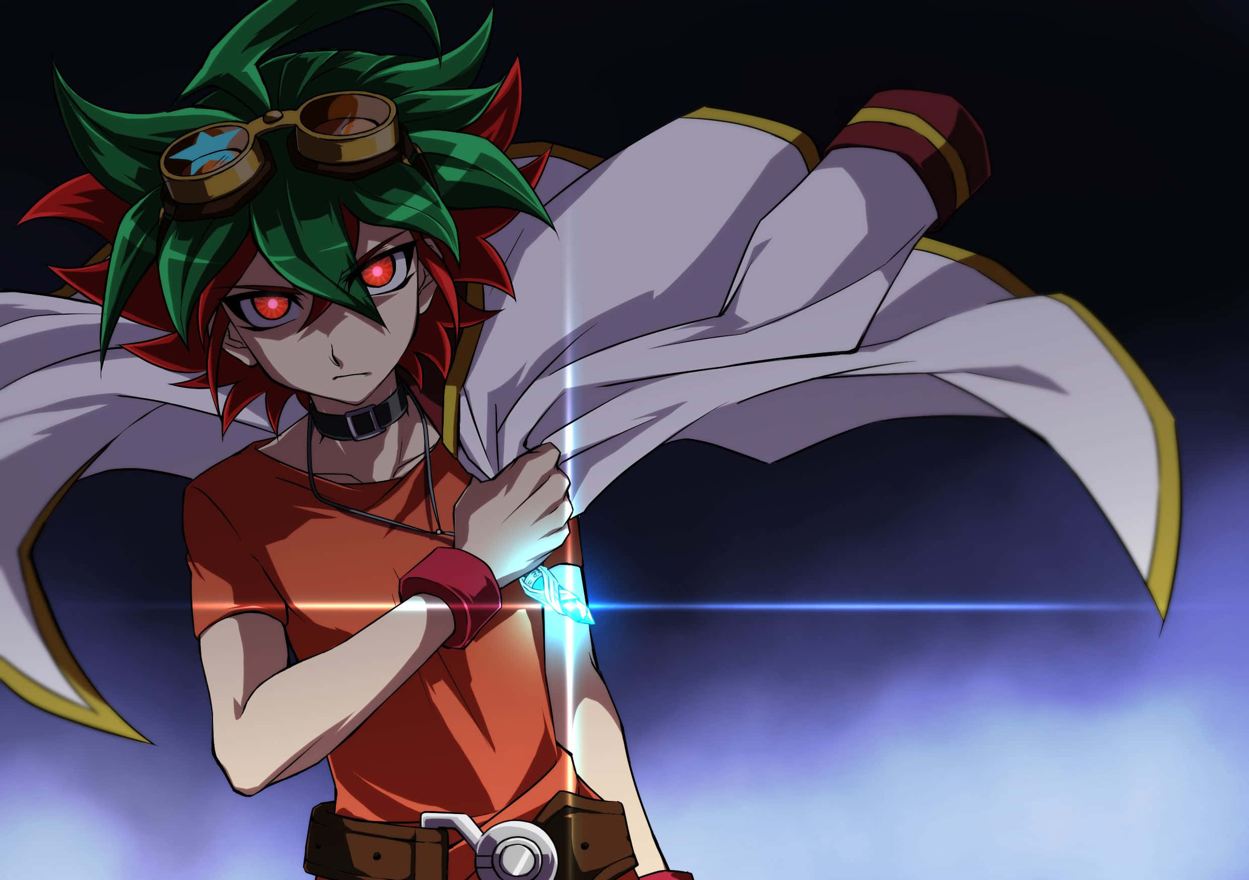 Yuya Sakaki, green hair, red eyes, Full HD Desktop Wallpaper