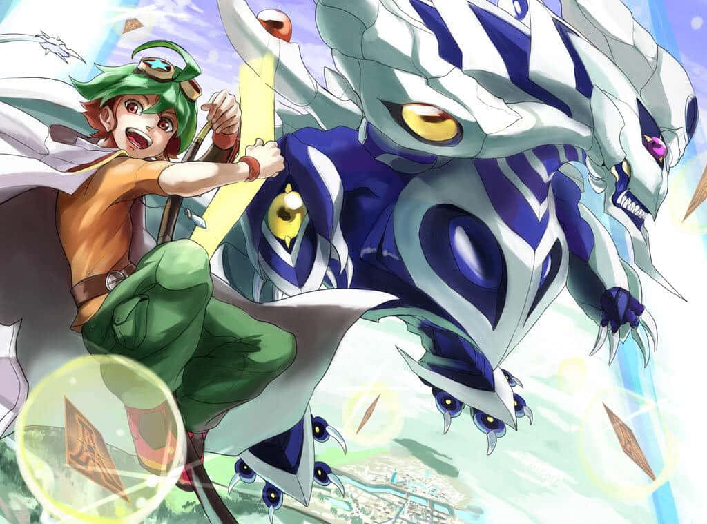 Yuya Sakaki, green gear, blue and white dragon, SD Desktop Wallpaper