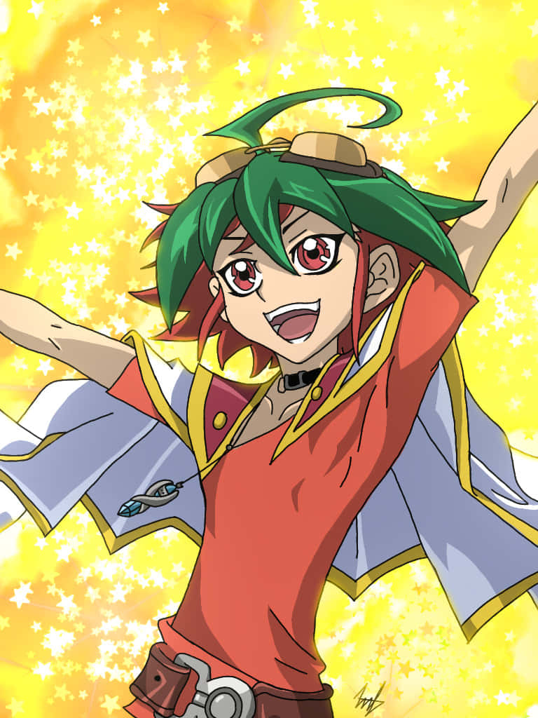 Yuya Sakaki, green hair, red eyes, SD Phone Wallpaper