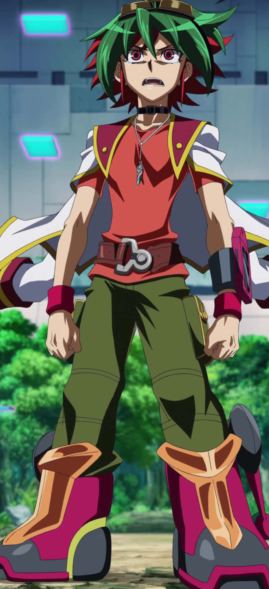 Yuya Sakaki, green hair, red eyes, HD Phone Wallpaper