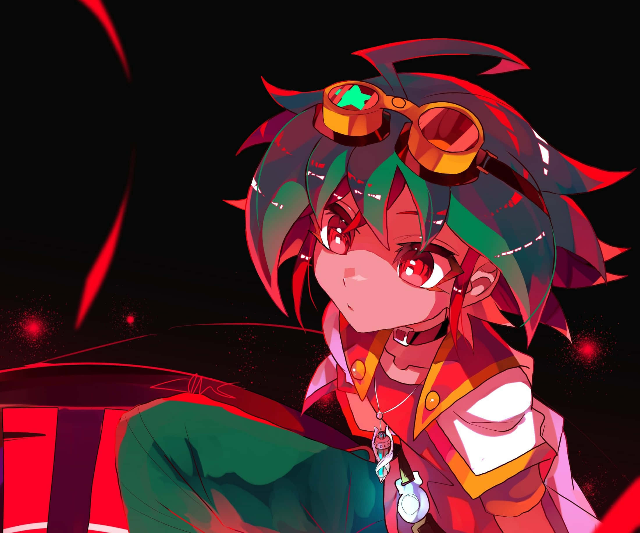 Yuya Sakaki, red and green hair, goggles, Full HD Desktop Wallpaper