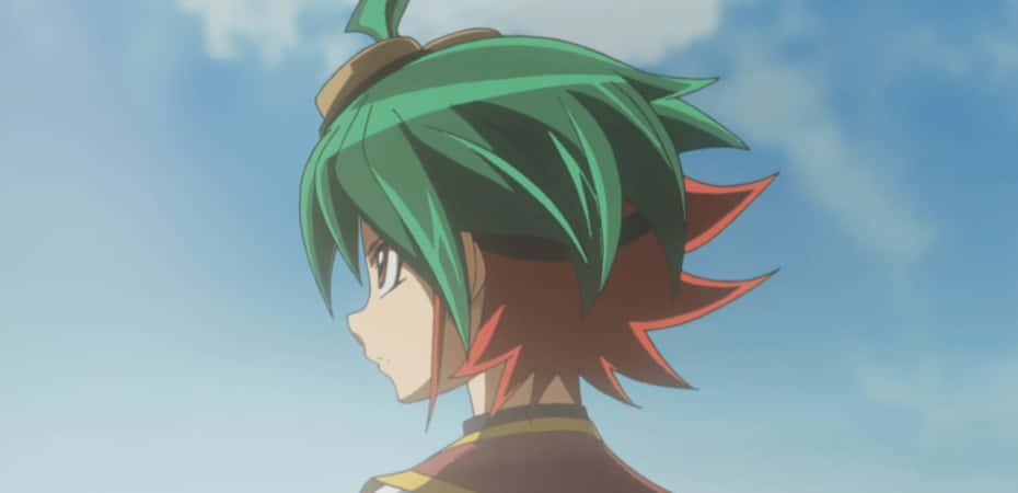 Yuya Sakaki, spiky green and red hair, soft blue sky, SD Desktop Wallpaper