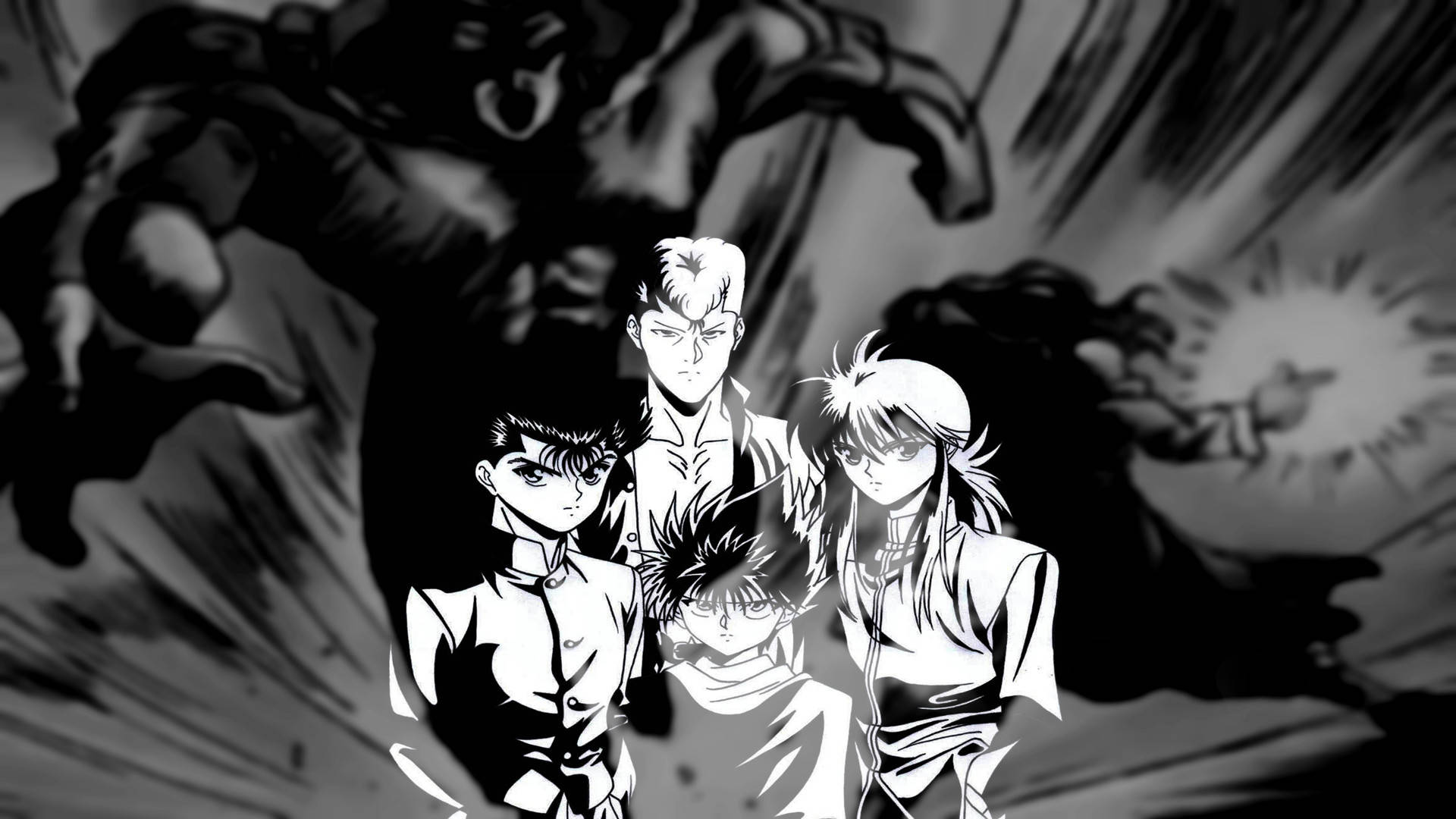 Yuyu Hakusho, monochrome poster, four anime characters, Full HD Desktop Wallpaper